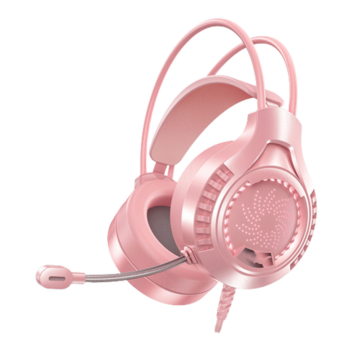 Rosa Gaming-Headset mit Mikrofon, freigestellt auf weißem Hintergrund.