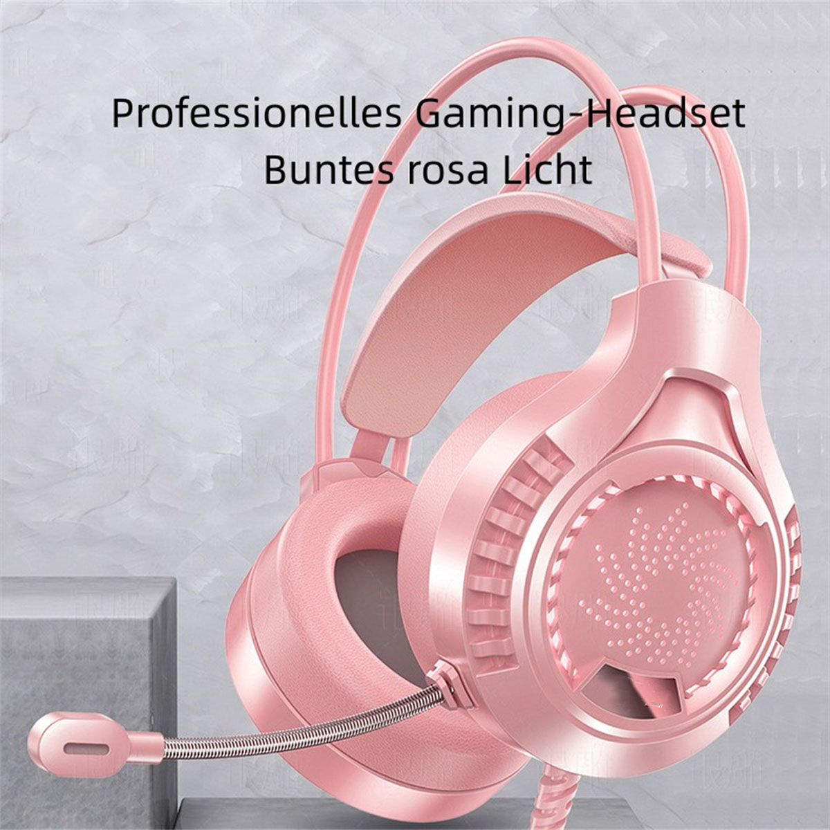 Pinkes Gaming-Headset mit Mikrofon. Text oben lautet 'Professionelles Gaming-Headset. Buntes rosa Licht'.