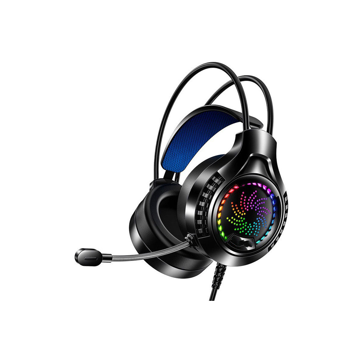Schwarze Gaming-Kopfhörer. Die Kopfhörer haben ein Mikrofon und RGB-Lichter auf den Ohrmuscheln.
