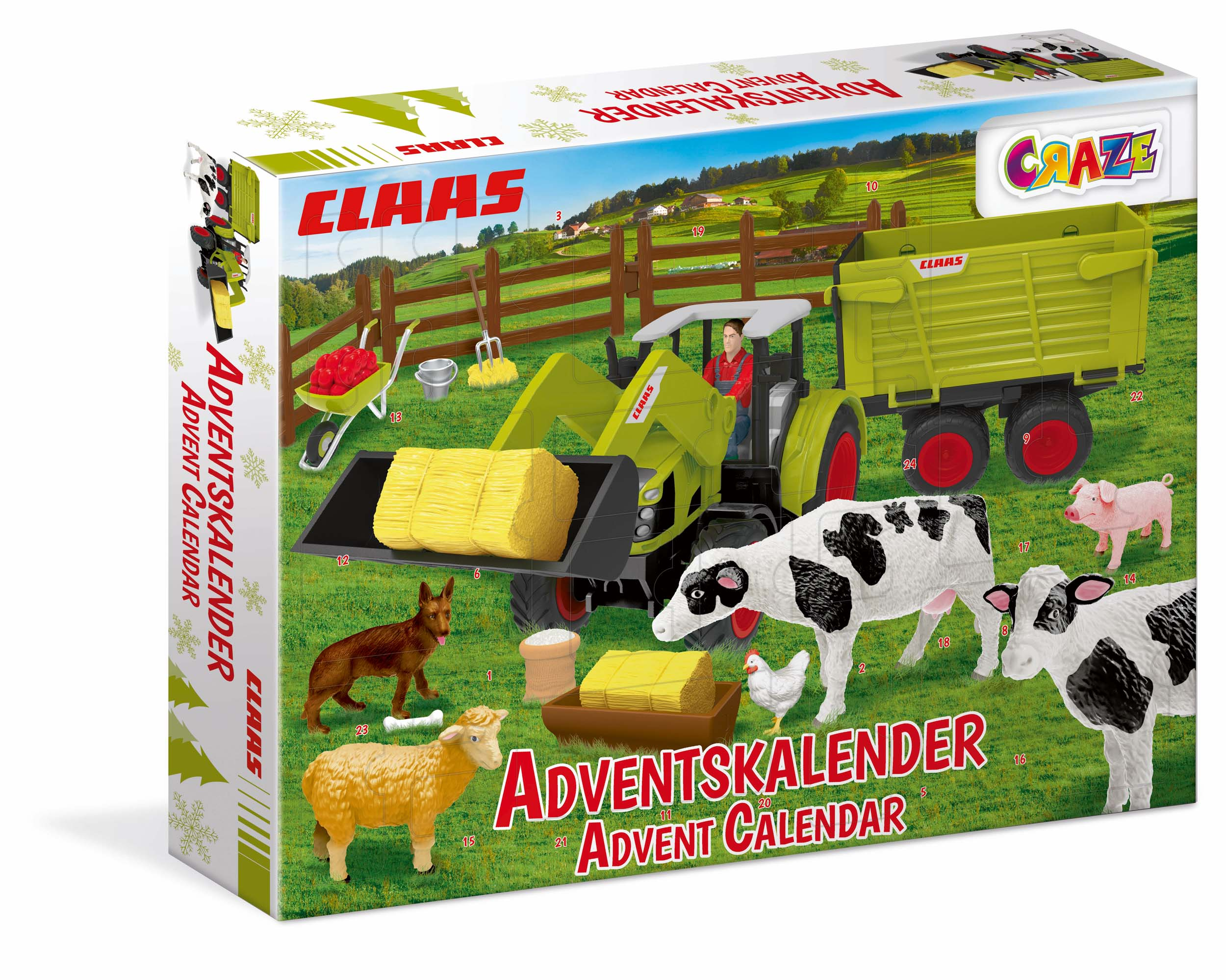 Adventskalender-Box mit Bauernhofszene und Spielfiguren.