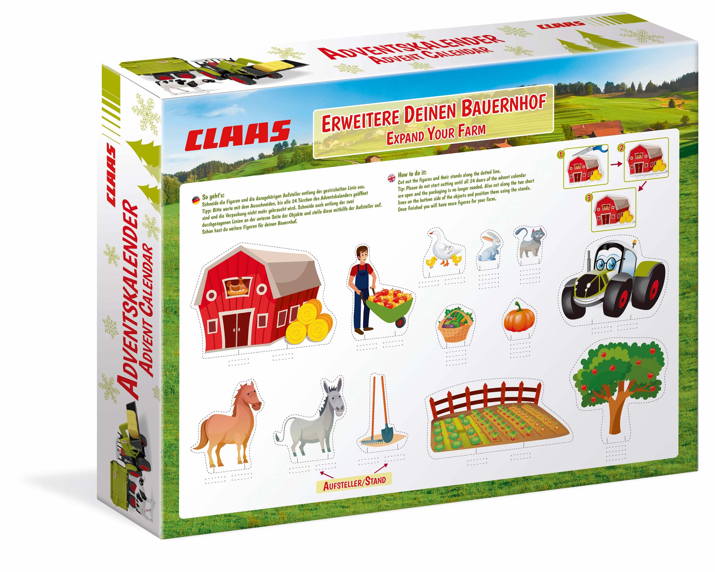 Adventskalender-Box mit Bauernhof-Szene. Enthält Figuren wie Traktor, Scheune, Tiere und Bauer.