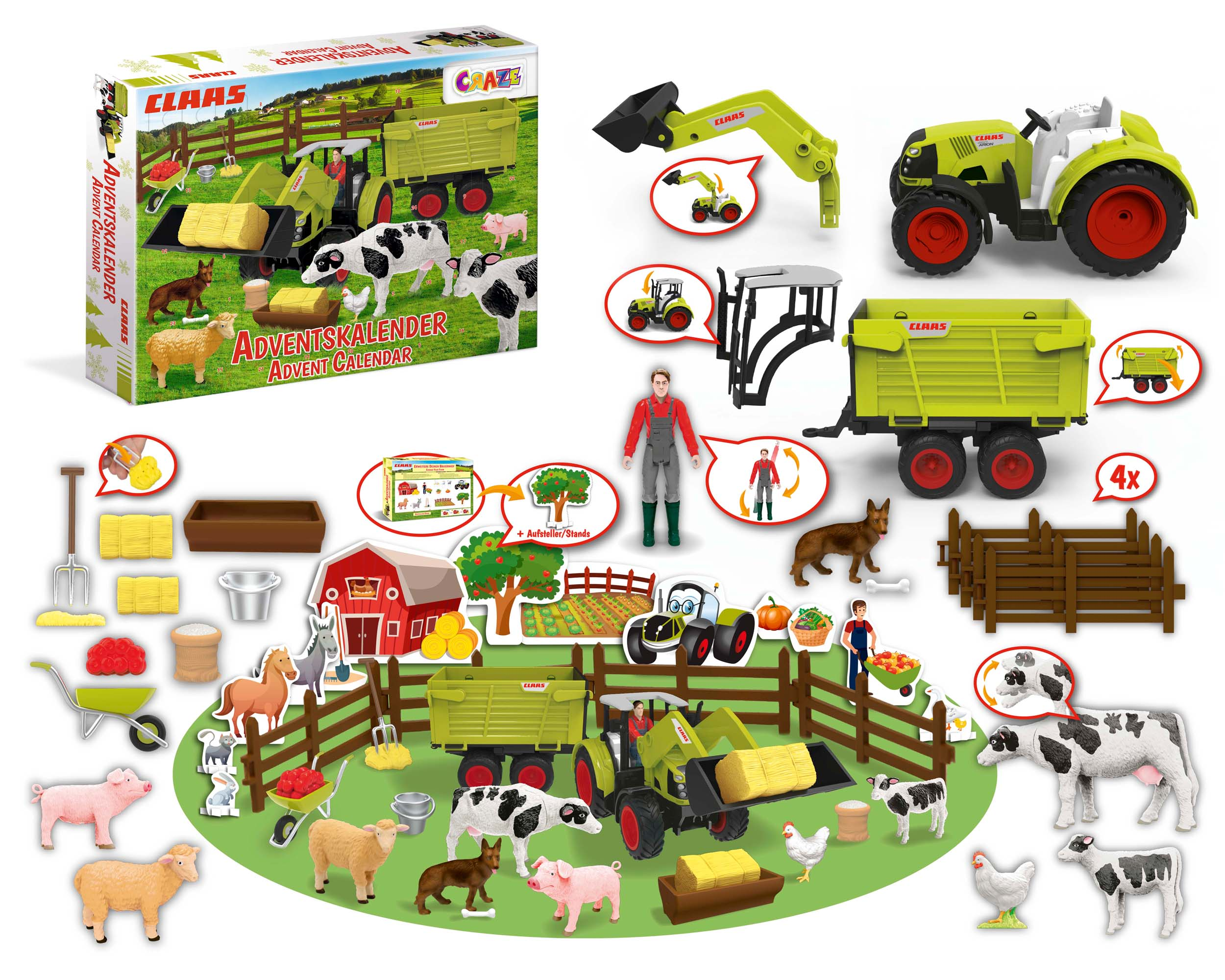 Bauernhof-Spielzeugset. Traktor, Tiere und Zubehör auf einer weißen Oberfläche angeordnet.
