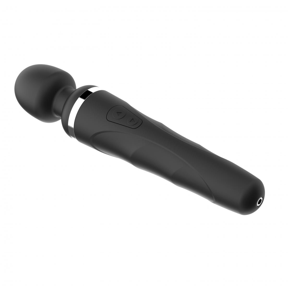Schwarzer Vibrator mit rundem Kopf und gebogenem Griff, vor weißem Hintergrund.
