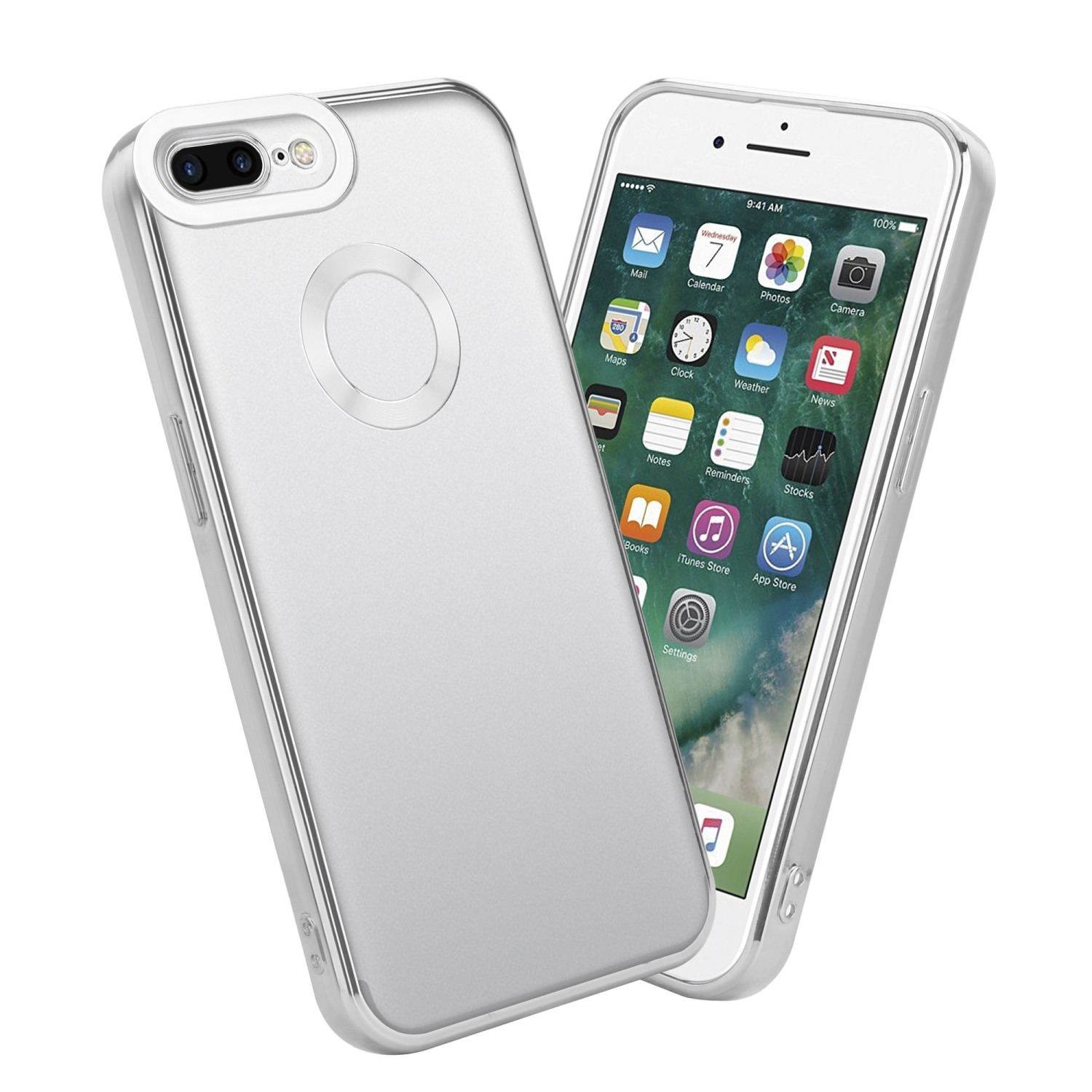 CADORABO Handyhülle 7S Apple, PLUS, PLUS 7 PLUS Transparent 8 iPhone Backcover, - Chrome Applikation, / / Silber mit