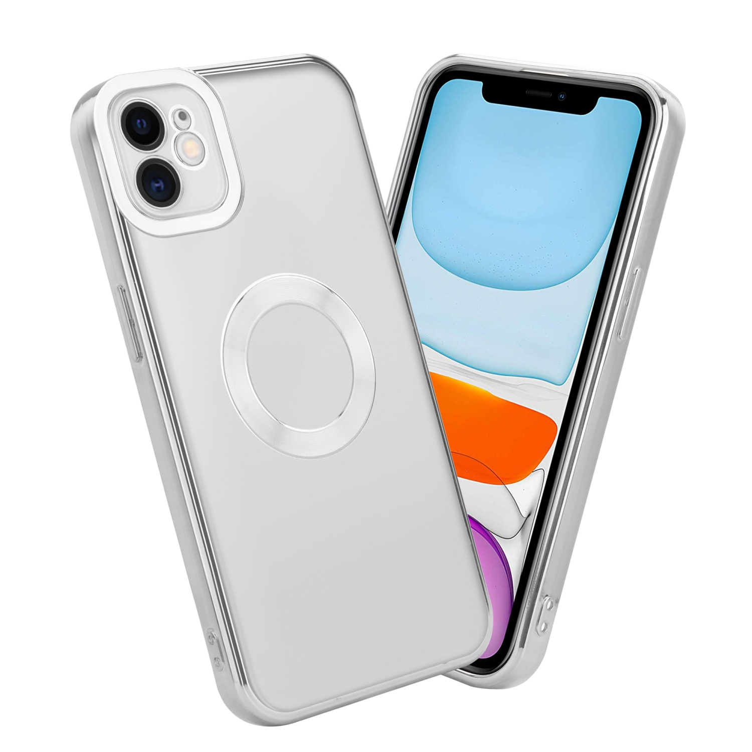 Eine transparente Handyhülle mit silbernem Ring und ein silber gerahmtes Telefon mit zwei Kameras.
