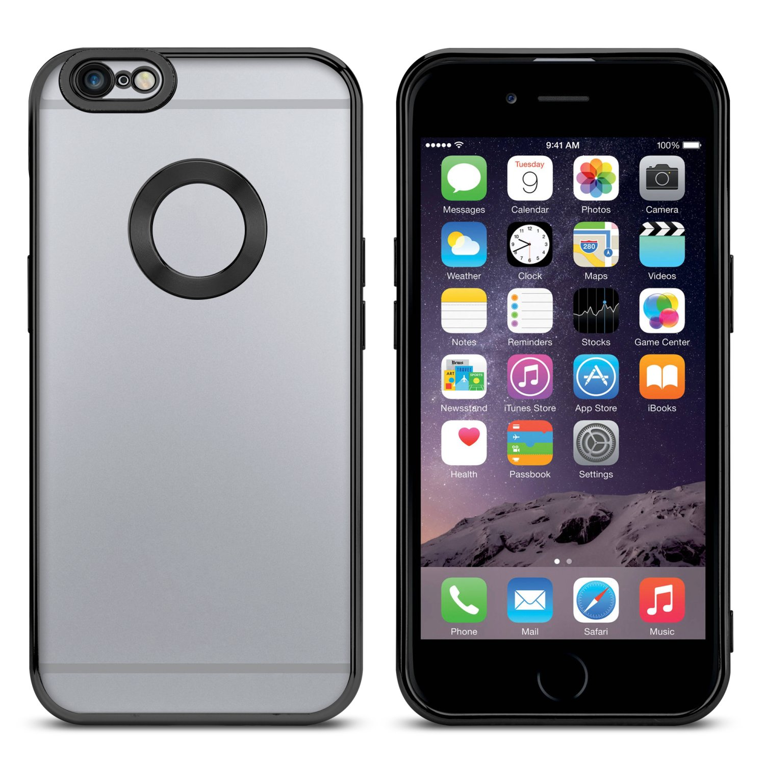 Schwarze und graue iPhone-Hülle mit schwarzem Bildschirm, der App-Symbole anzeigt.