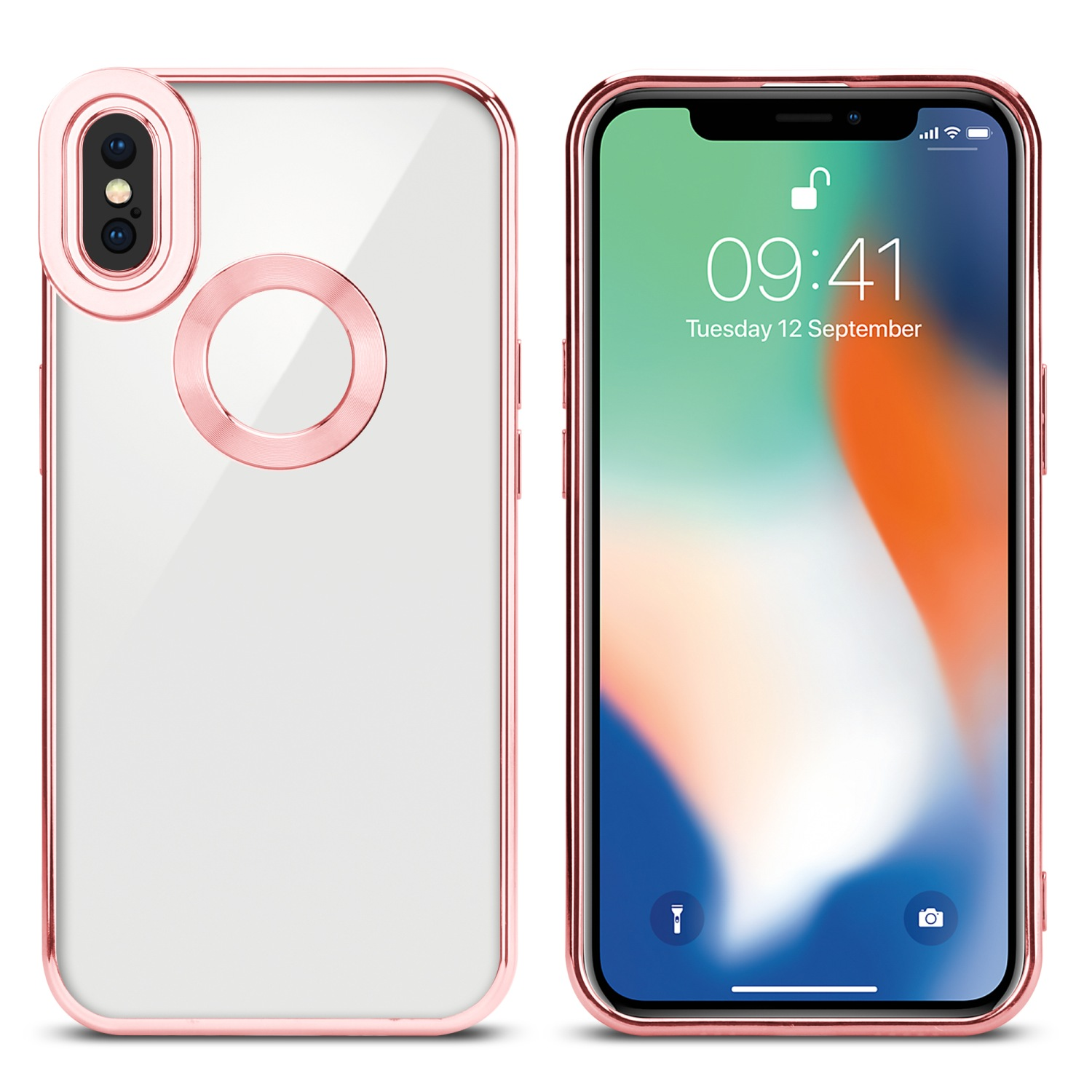 CADORABO Handyhülle mit Chrome Transparent Backcover, Apple, iPhone XS - Applikation, Rosa MAX