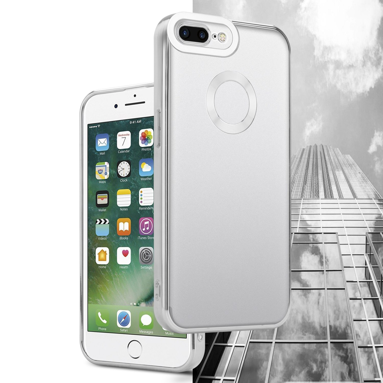 Ein Telefon mit transparenter Hülle links und eine silberne Telefonhülle rechts, die ein Gebäude zeigen.