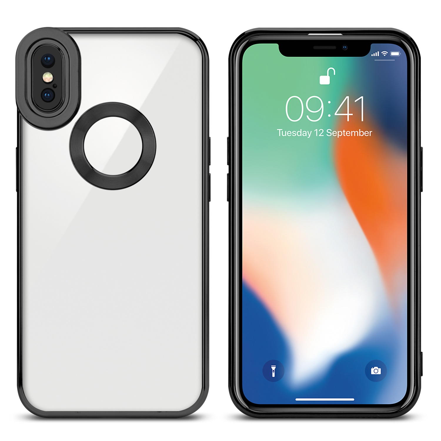 Zwei Ansichten einer Handyhülle: vorne und hinten. Die Hülle ist transparent mit schwarzem Rahmen und Kreis für die Kamera.