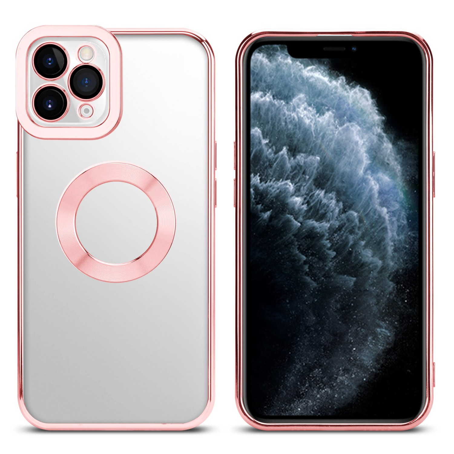 Zwei Telefone, eines mit roségoldenem Gehäuse und ein anderes mit dunklem Hintergrund.