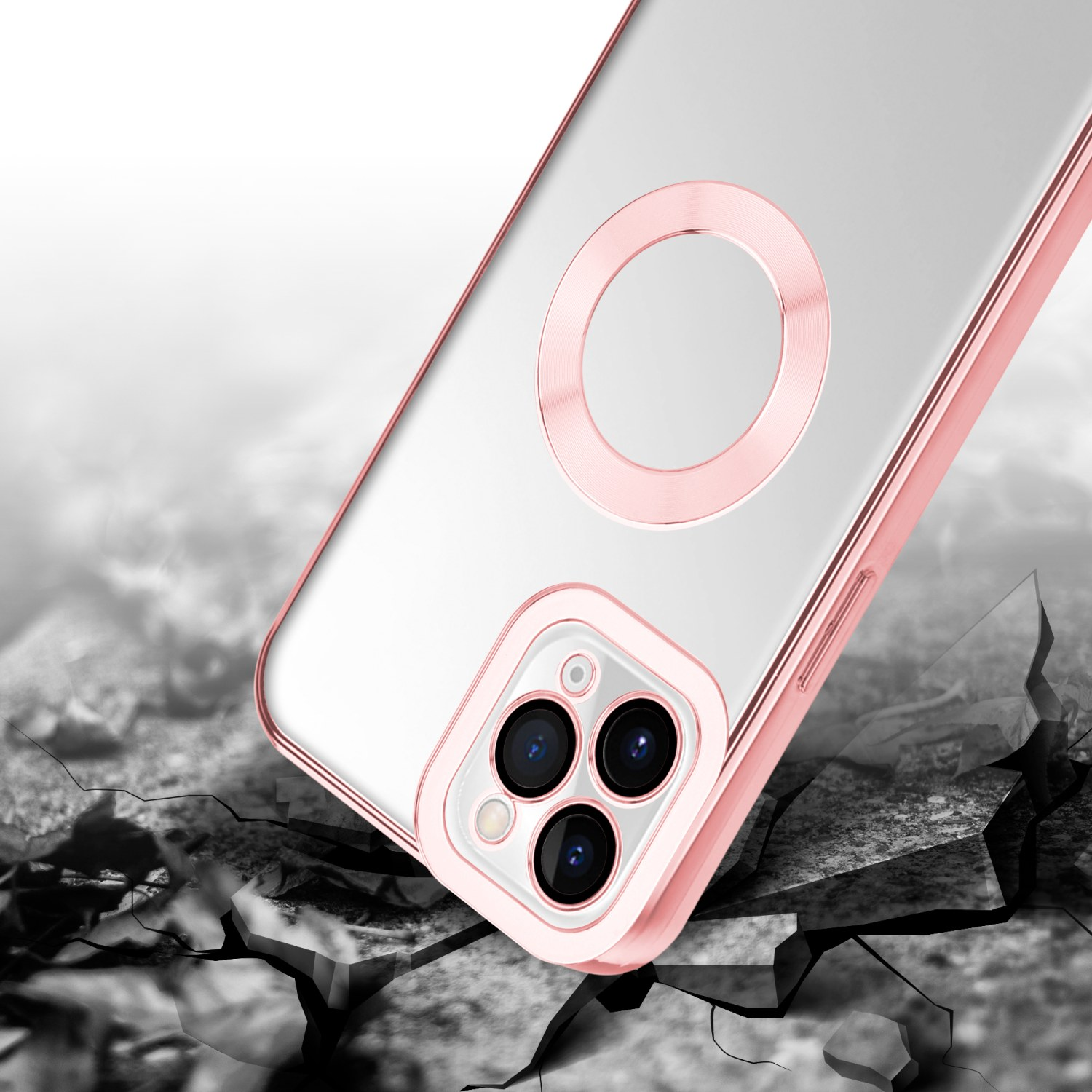 Nahaufnahme einer rosa Handyhülle mit Kameraring und einem zerbrochenen Bodeneffekt.