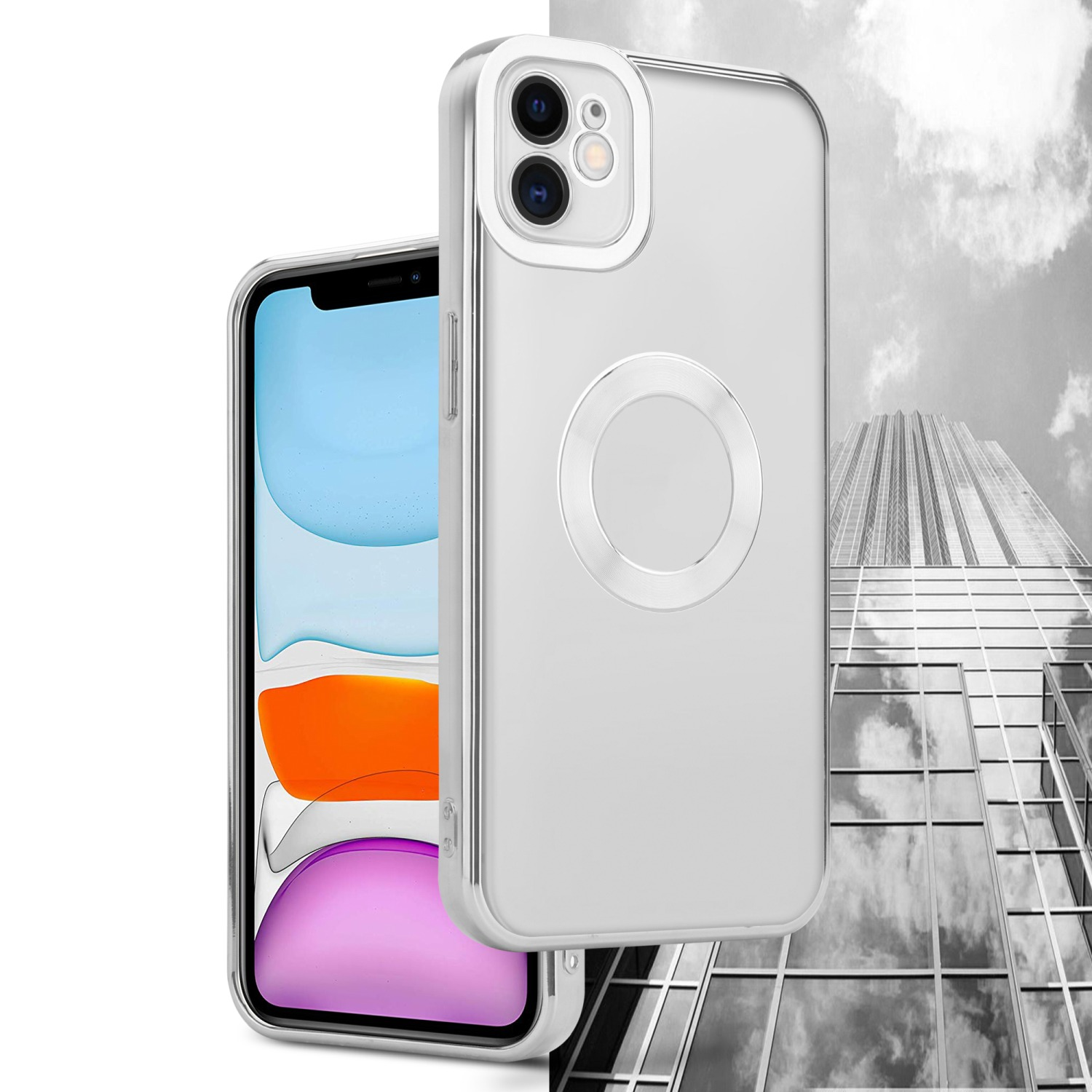 CADORABO Handyhülle mit Applikation, Silber - Apple, Chrome iPhone 12, Transparent Backcover