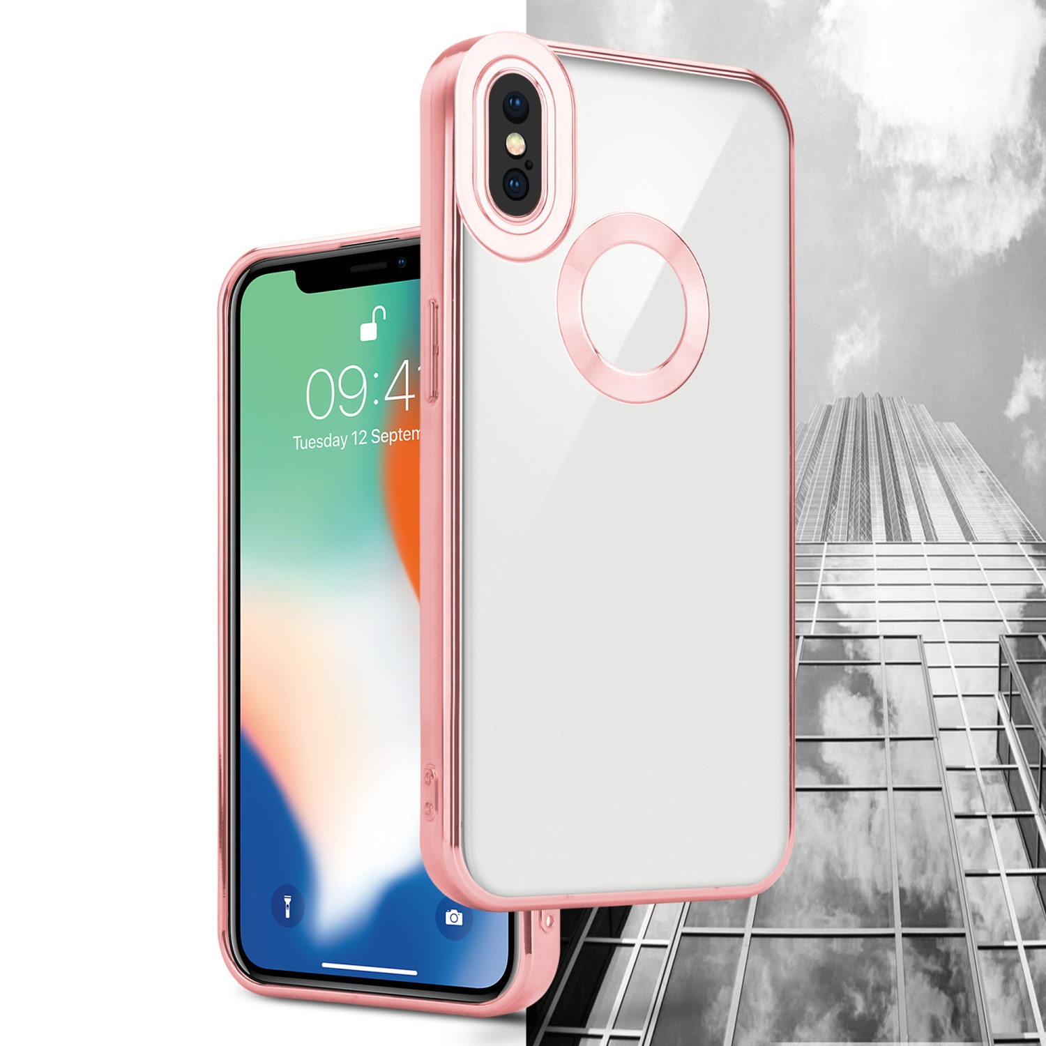 Roségoldenes Handycase neben einem Handy, das den Startbildschirm anzeigt. Hintergrund ist eine Skyline.