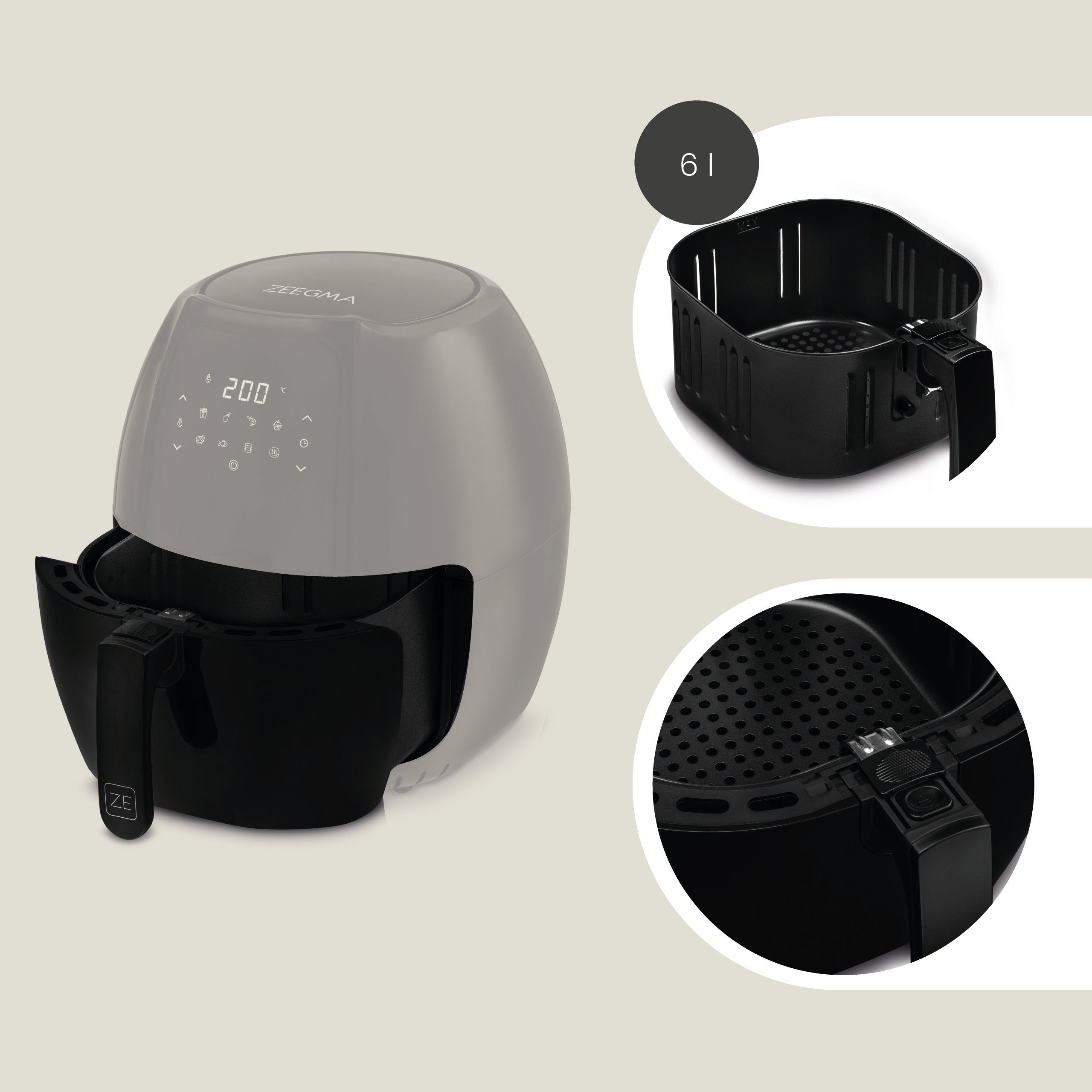 Frytkownica beztłuszczowa, szara góra, czarna podstawa, z koszem i szczegółami.