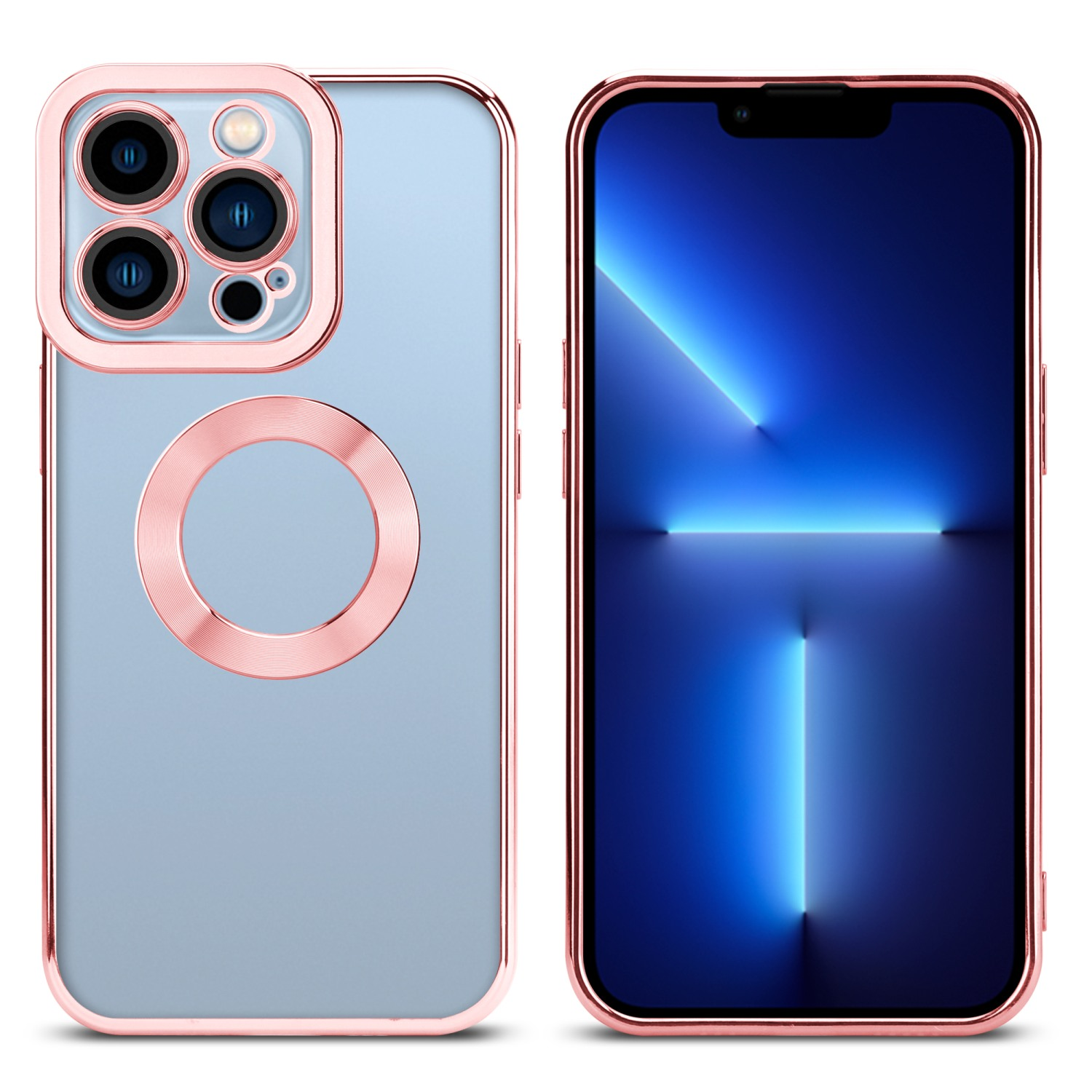 Handyhülle mit roségoldfarbenem Rand. Die Hülle ist transparent und bedeckt die Rückseite des Telefons.