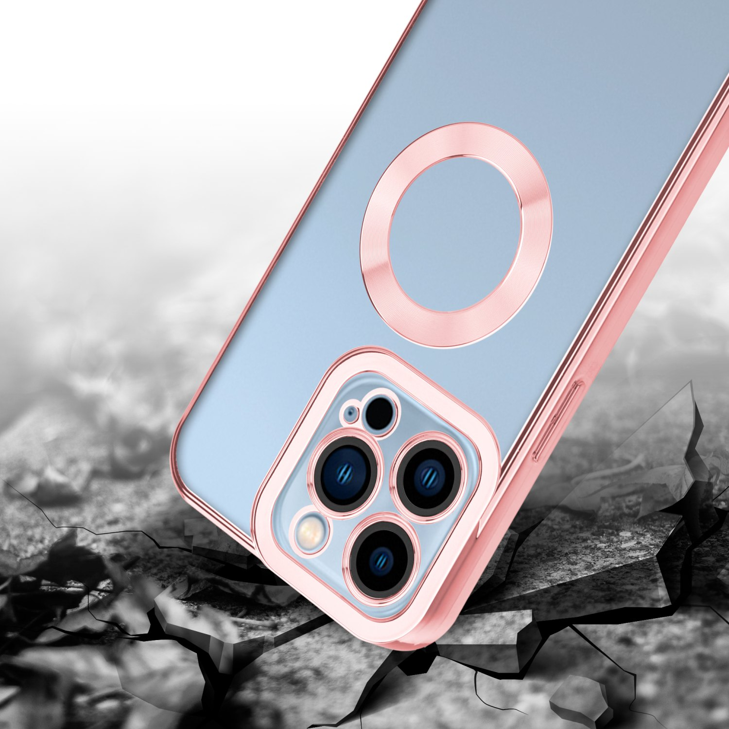 Transparente Handyhülle mit rosa Rahmen, die ein Telefon zeigt. Riss-Effekt auf der Oberfläche.