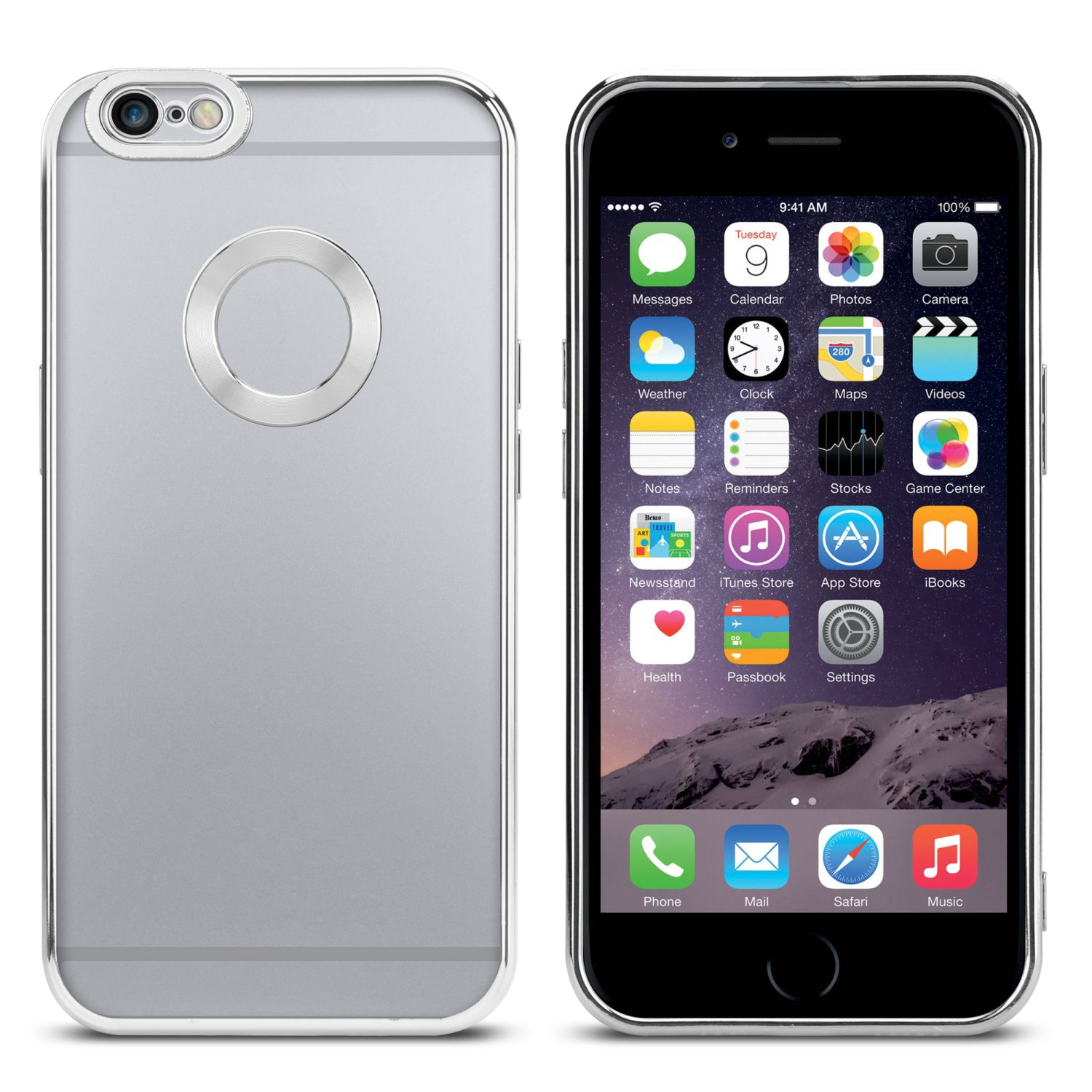 Ein silbernes iPhone mit silbernem Rahmen, das die Rückseite und die Vorderseite mit Apps zeigt.