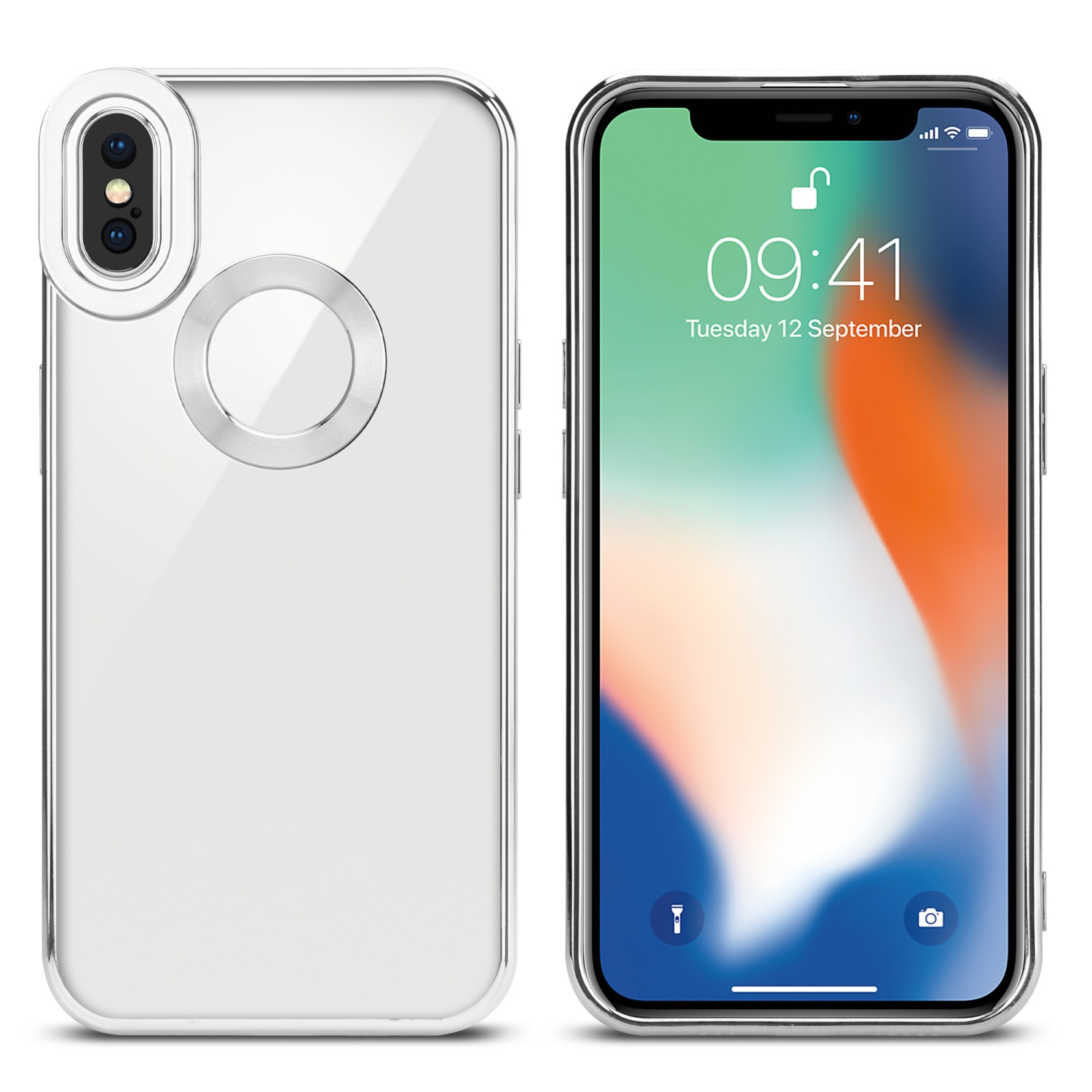 Zwei iPhone X Hüllen, eine offen, eine geschlossen. Beide sind transparent mit silbernem Rahmen.