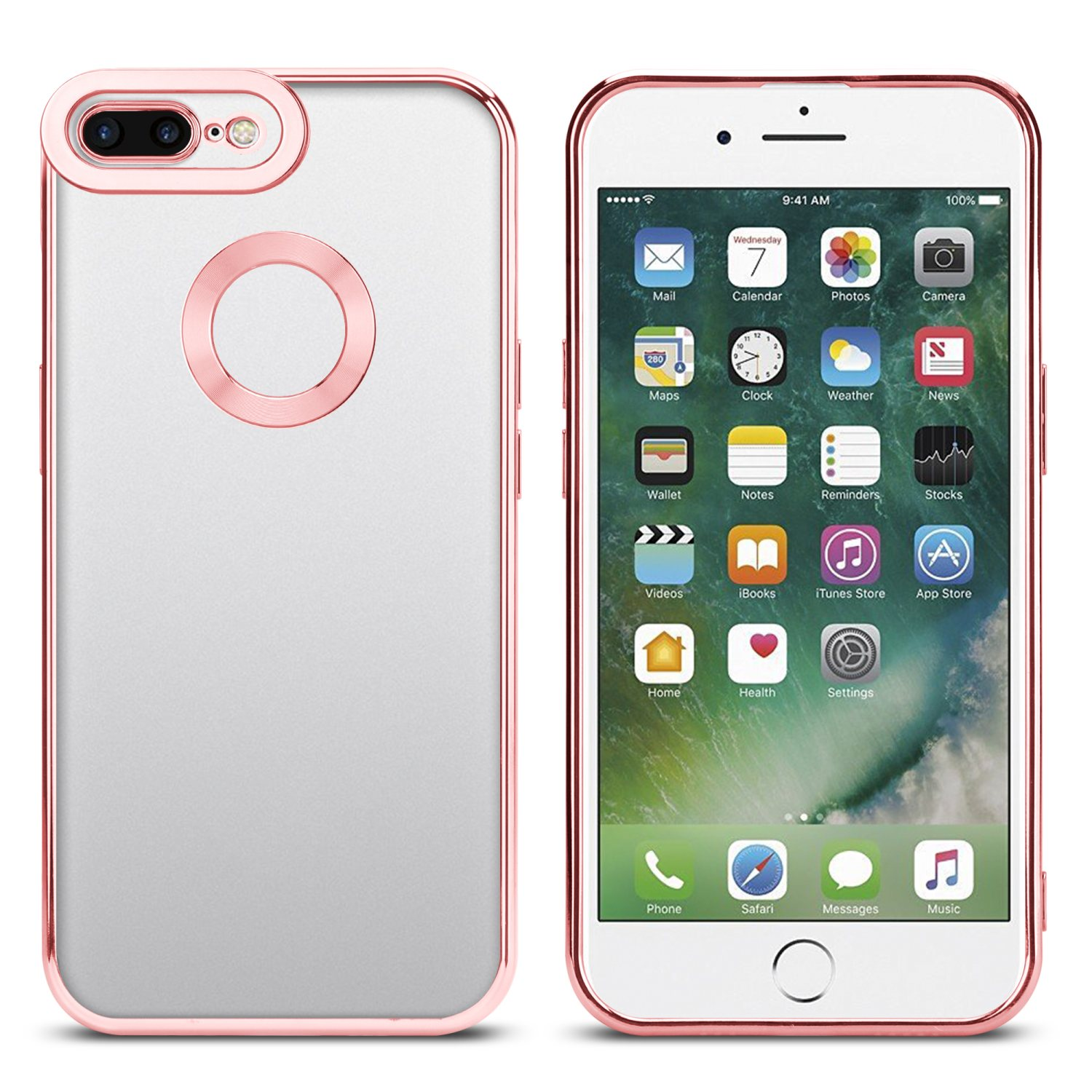 Zwei Smartphones, eines in einem roségoldenen Gehäuse, das andere zeigt App-Symbole. Beide befinden sich auf weißem Grund.