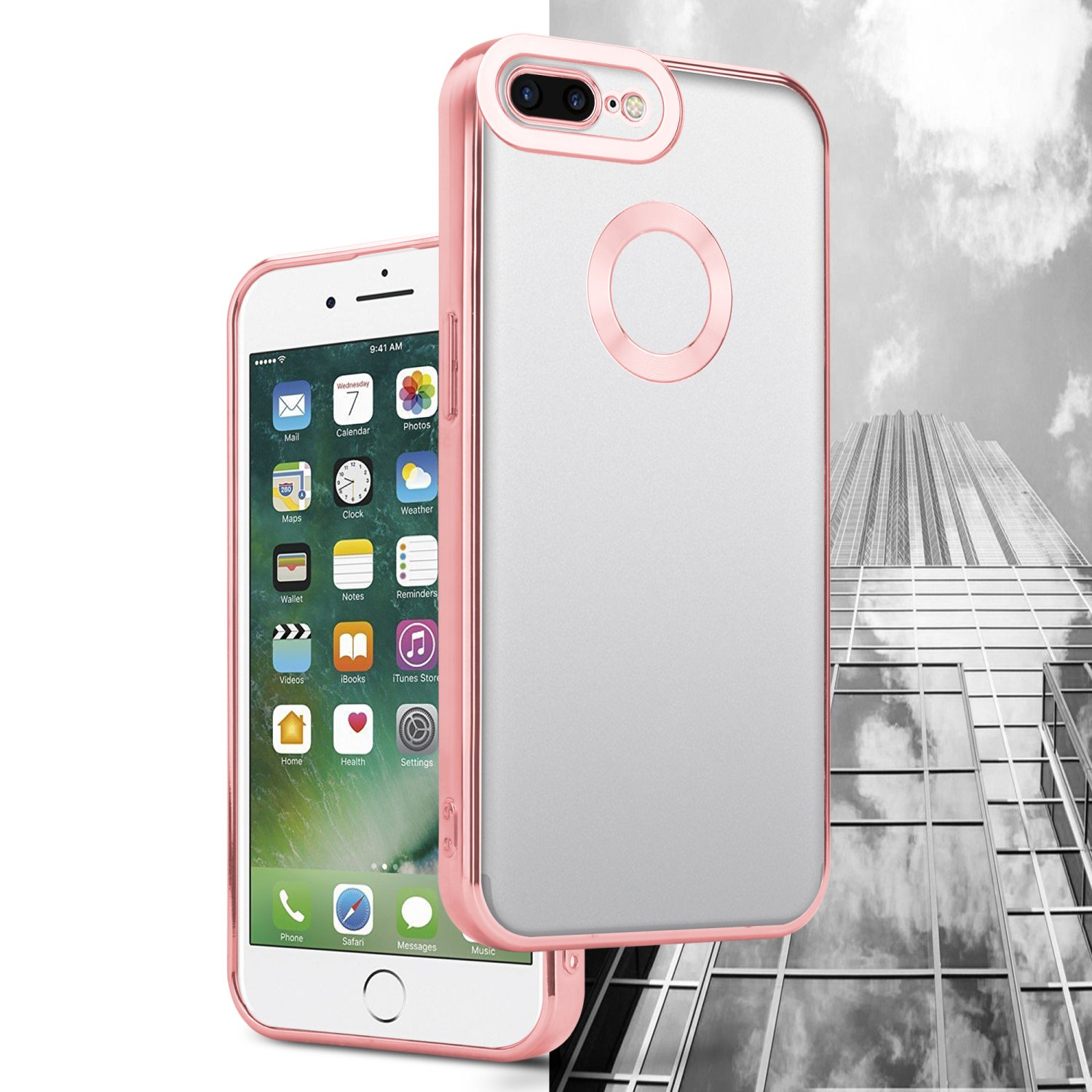 CADORABO Handyhülle mit iPhone Backcover, 7 Transparent / Rosa / - 7S PLUS, PLUS 8 PLUS Apple, Chrome Applikation