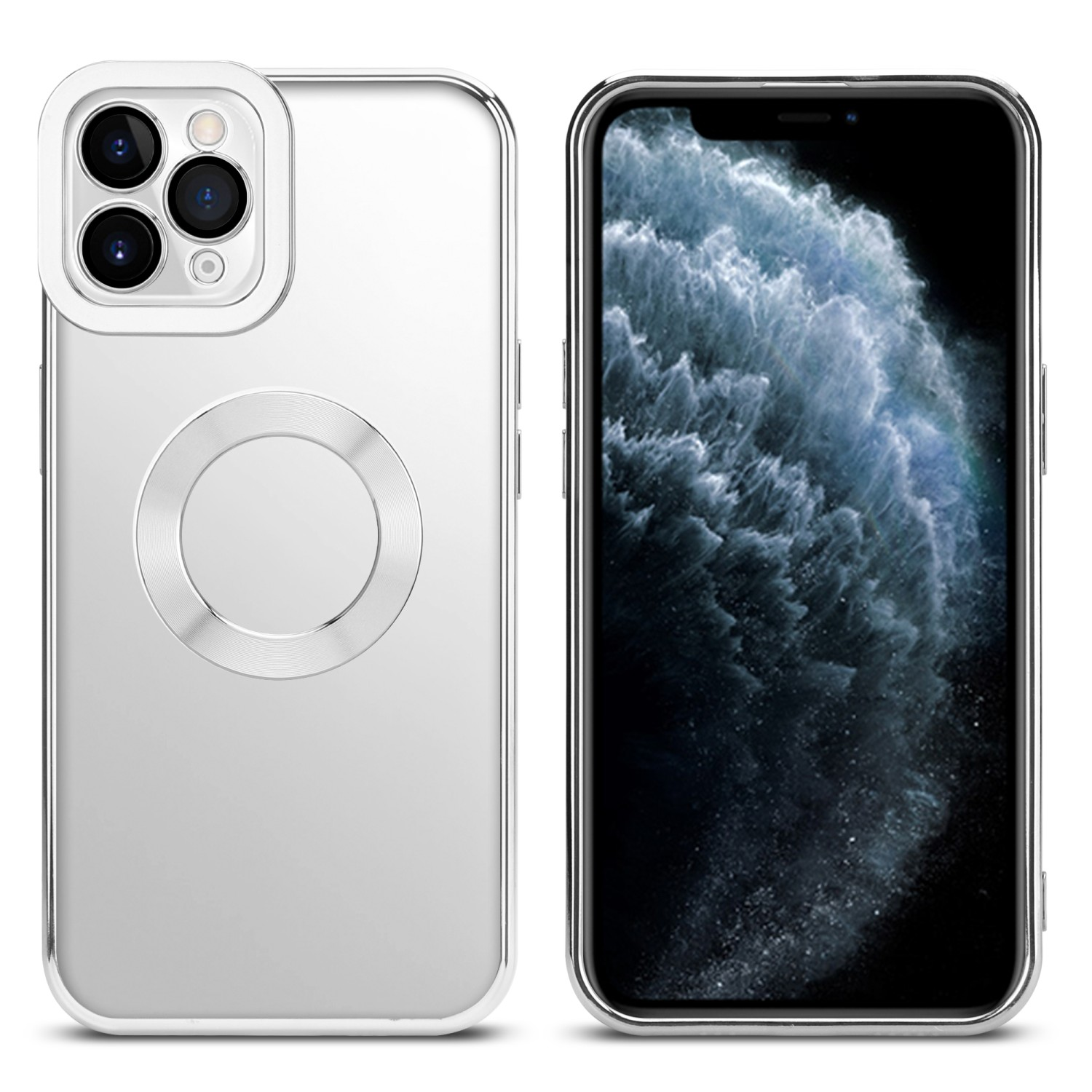 Ein Telefon zeigt ein blaues Bild. Es liegt neben einer silbernen Handyhülle mit Kameralöchern und einem Kreis.