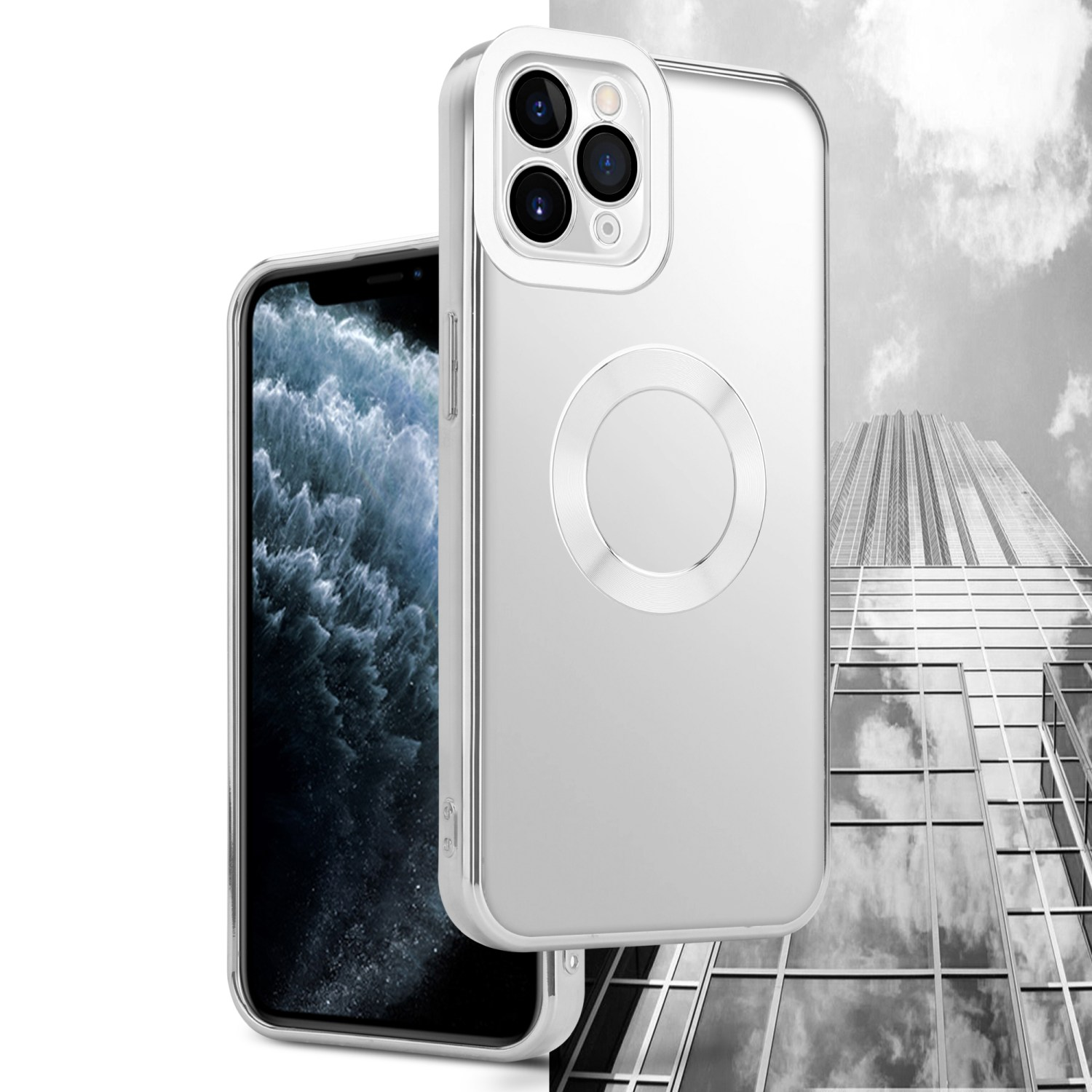 Ein Telefon in einer durchsichtigen Hülle neben einem anderen. Im Hintergrund ein Wolkenkratzer.