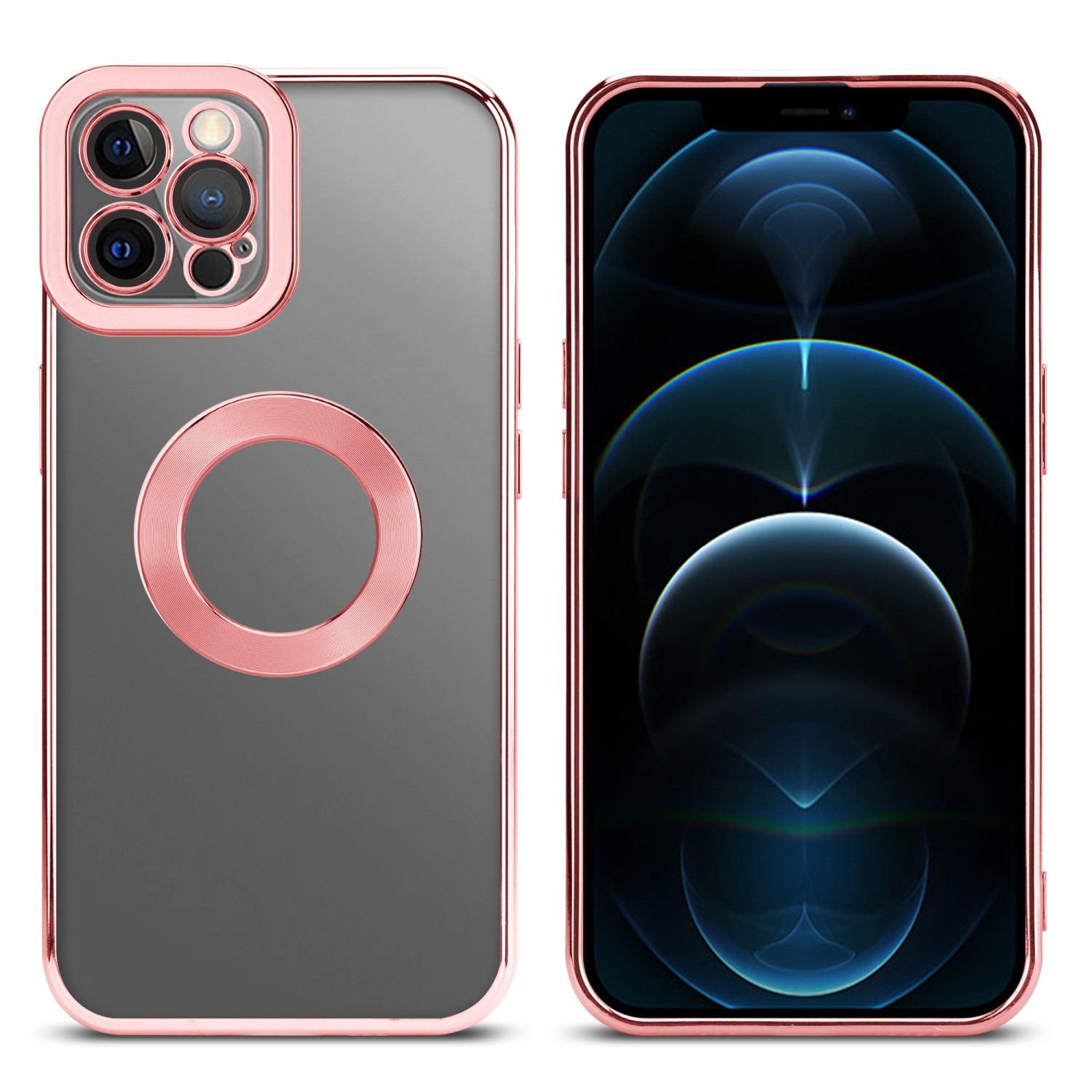 Ein Telefon mit roségoldfarbenem Gehäuse. Die Handyhülle hat drei Kameras und einen roségoldfarbenen Rand.