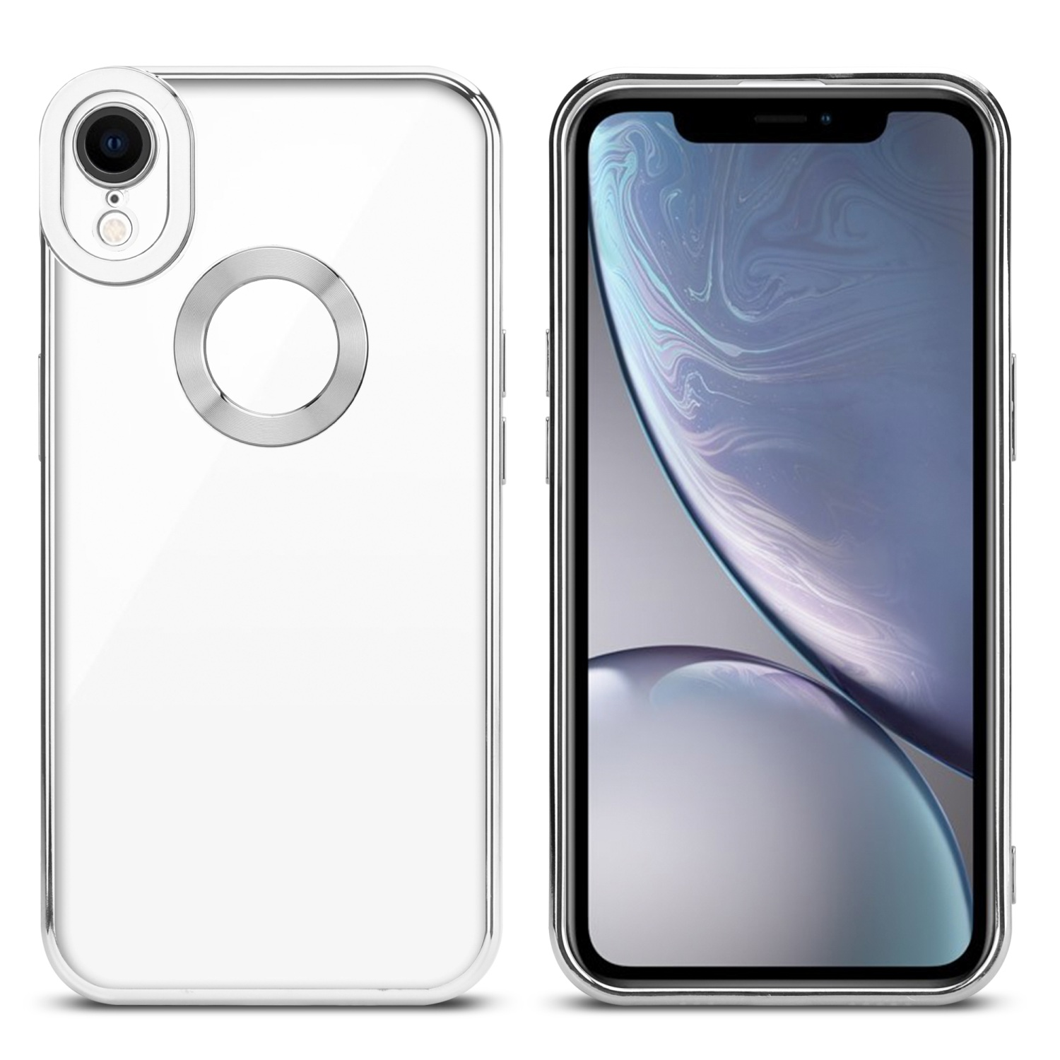 Due telefoni, uno con custodia trasparente. Quello a destra mostra uno sfondo blu e bianco.