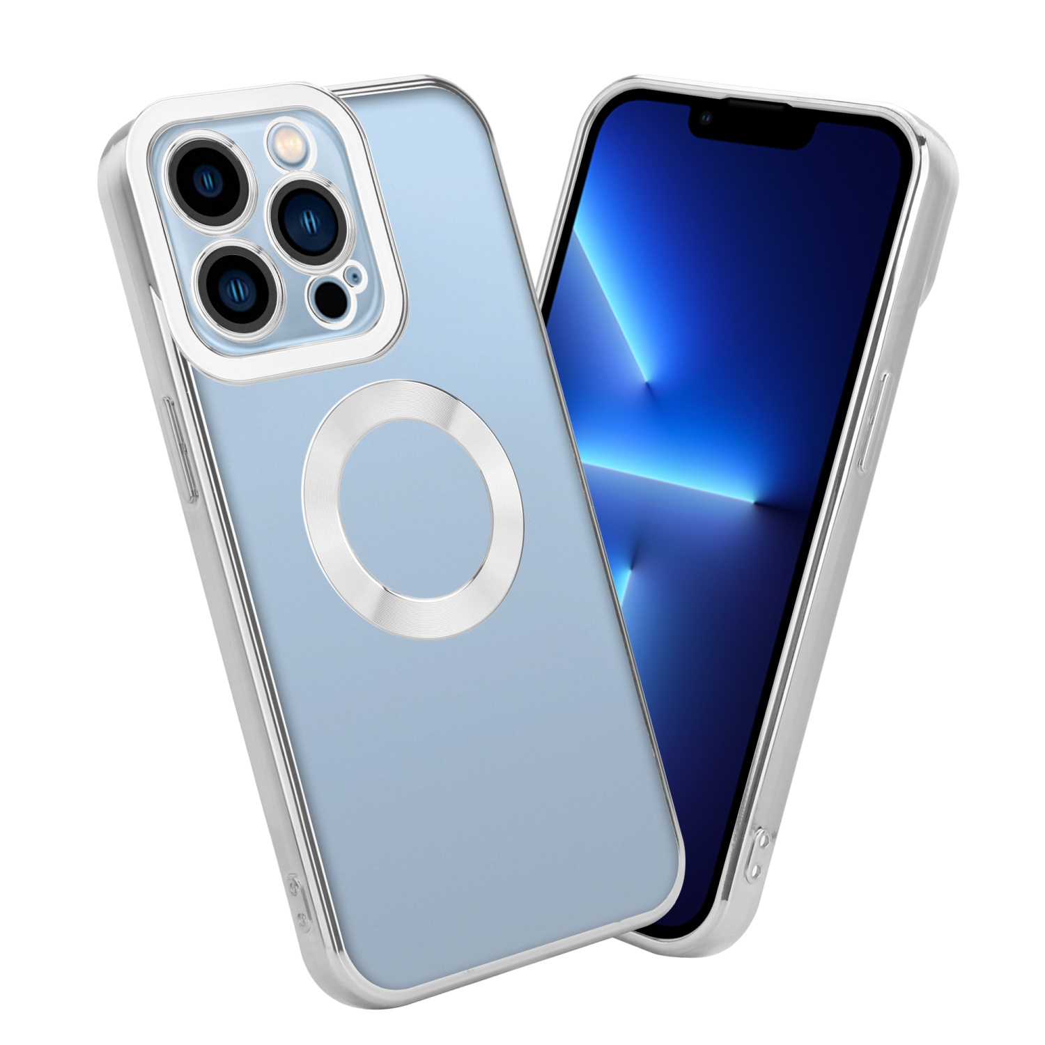Zwei moderne Smartphones, eines mit Hülle. Das rechte Telefon hat einen blauen Bildschirm. Weißer Hintergrund.
