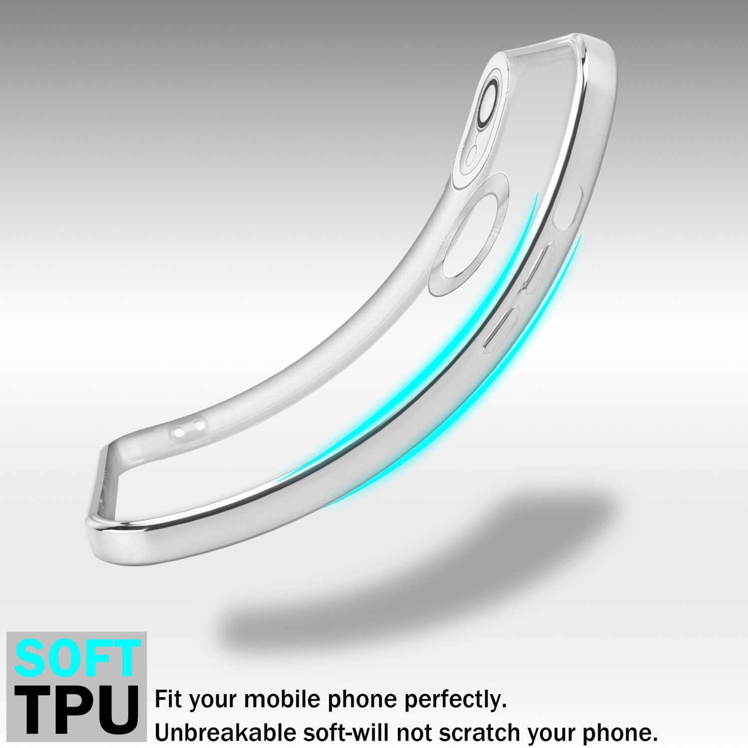 Custodia trasparente per telefono, mostrata con una forma curva. La custodia ha un accento blu e il testo "Soft TPU".
