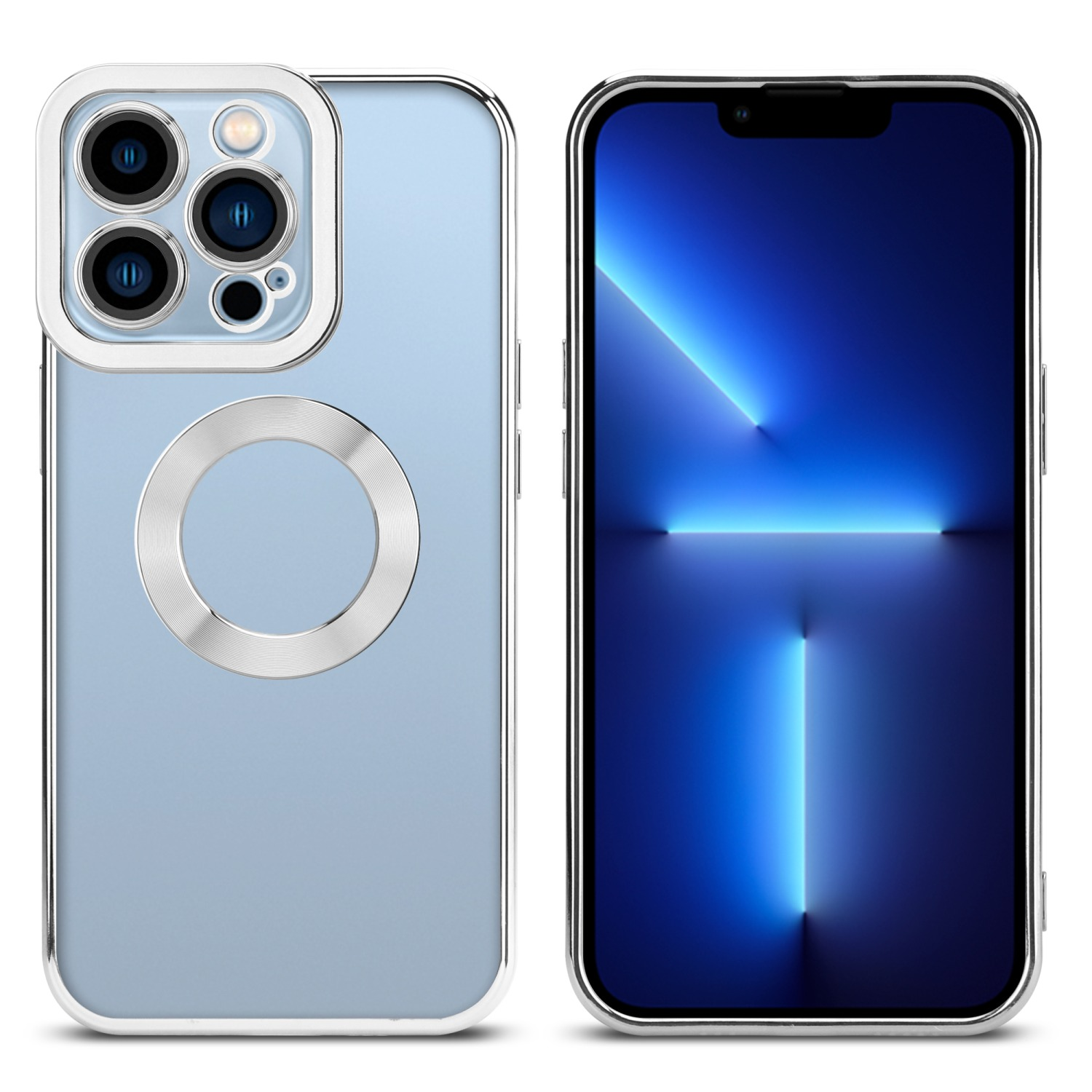Zwei iPhones: eins mit hellblauer Hülle und silbernem Ring. Das andere zeigt blauen Bildschirm.
