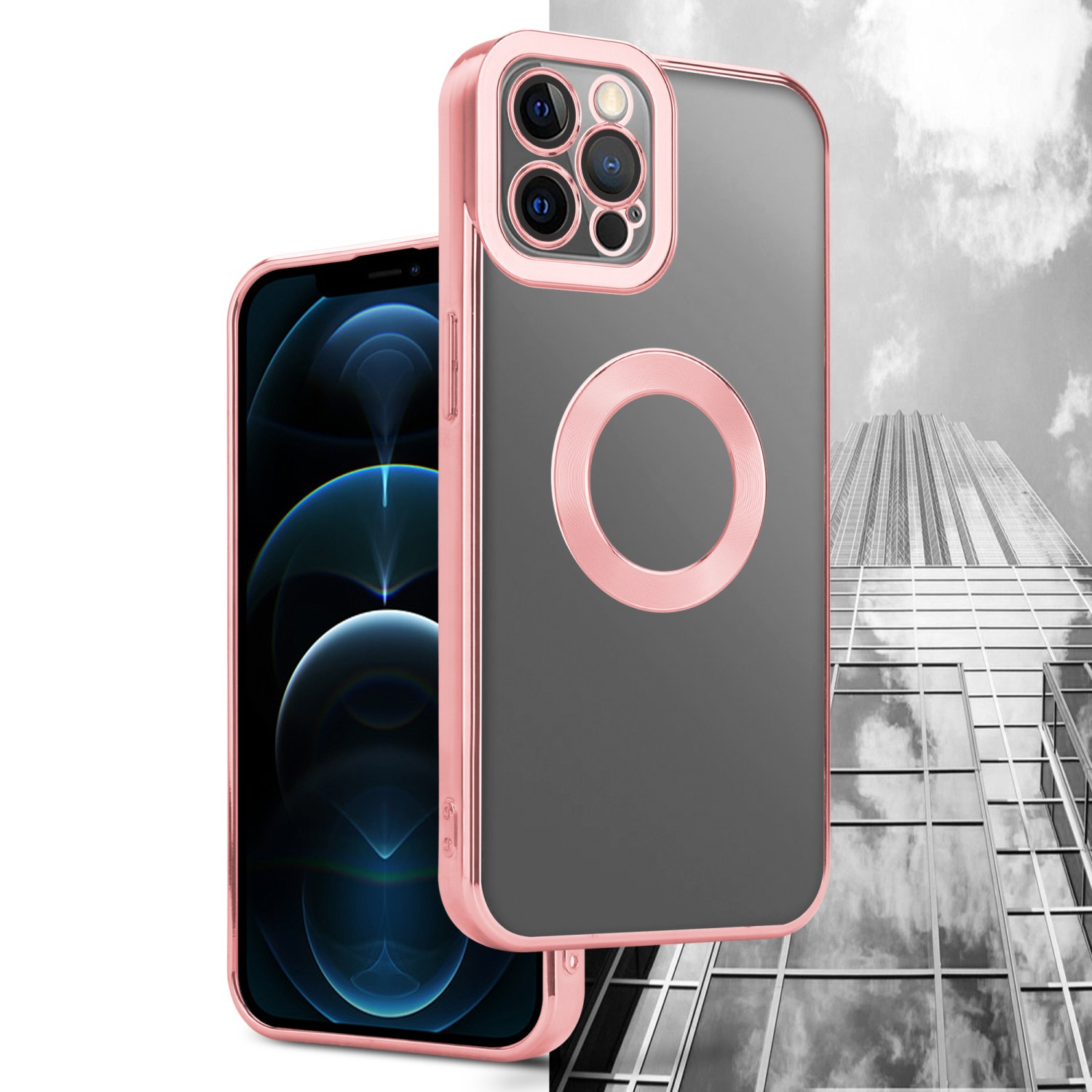 Ein Smartphone in einem rosa Gehäuse und ein Gebäude im Hintergrund.