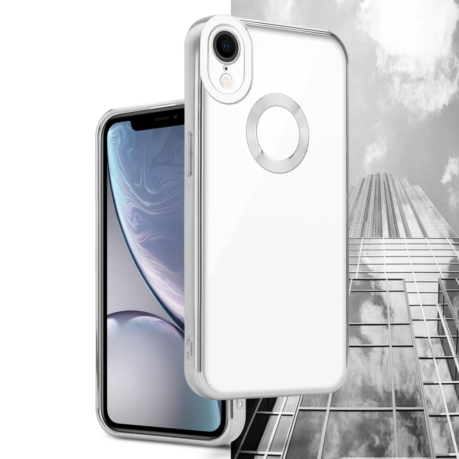 iPhone XR in una custodia trasparente, con un edificio sullo sfondo.