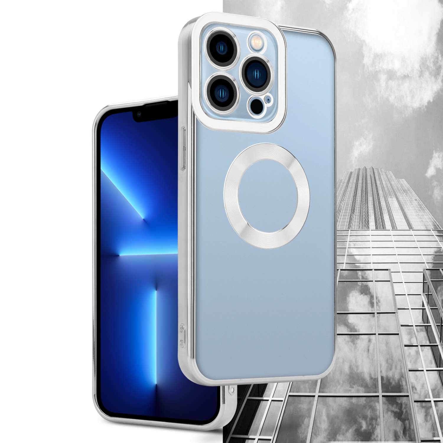 Telefon mit blauem Bildschirm in silbernem Gehäuse, neben einem anderen Telefon in einem Gehäuse, mit Gebäude im Hintergrund.