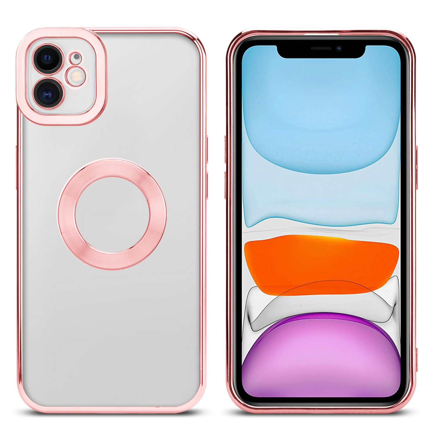 Zwei Handyhüllen, eine links und ein Handy rechts.