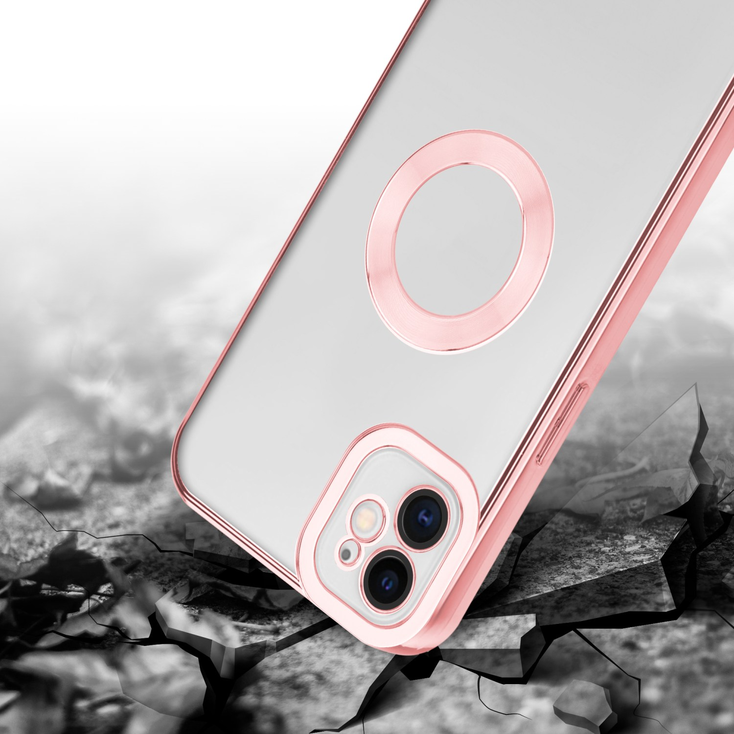 Handyhülle mit roségoldfarbenem Rand, angewinkelt auf gerissener Oberfläche, zeigt Handykamera.