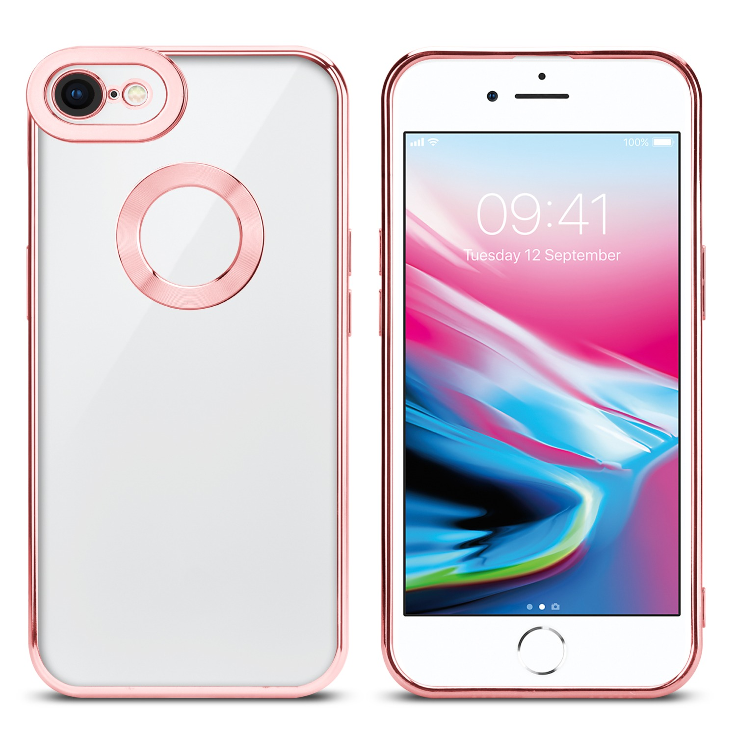 Zwei iPhones, eines mit roségoldenem Case und das andere ohne. Beide zeigen denselben Bildschirm.