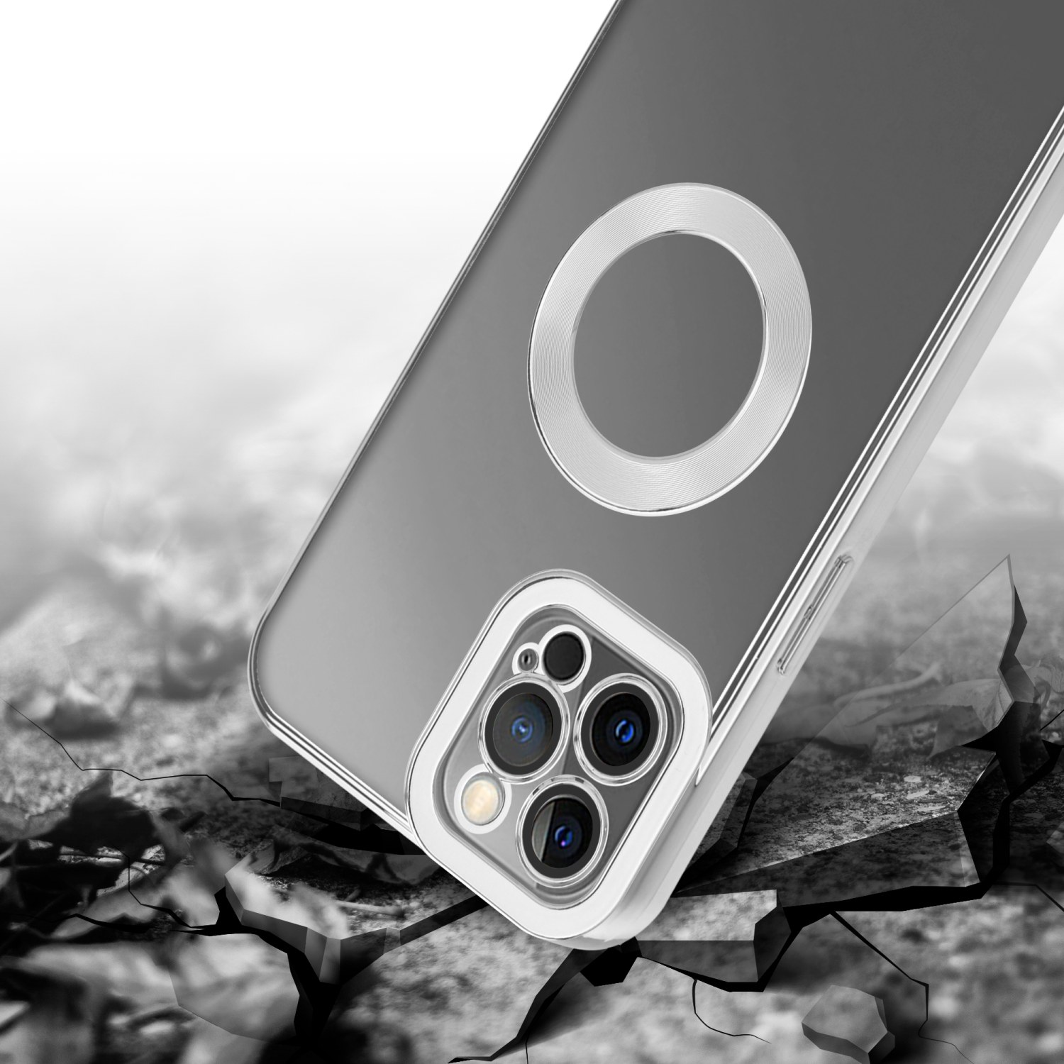 Telefon in einem Gehäuse mit Ring auf einer zerbrochenen Oberfläche mit weißem Hintergrund.