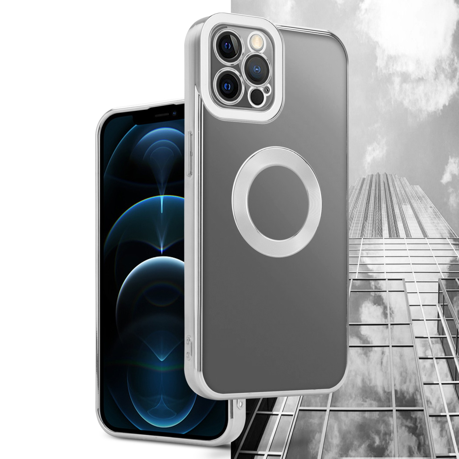iPhone mit Hülle, zeigt klares Hüllendesign mit silberner Umrandung und Hochhaus im Hintergrund.