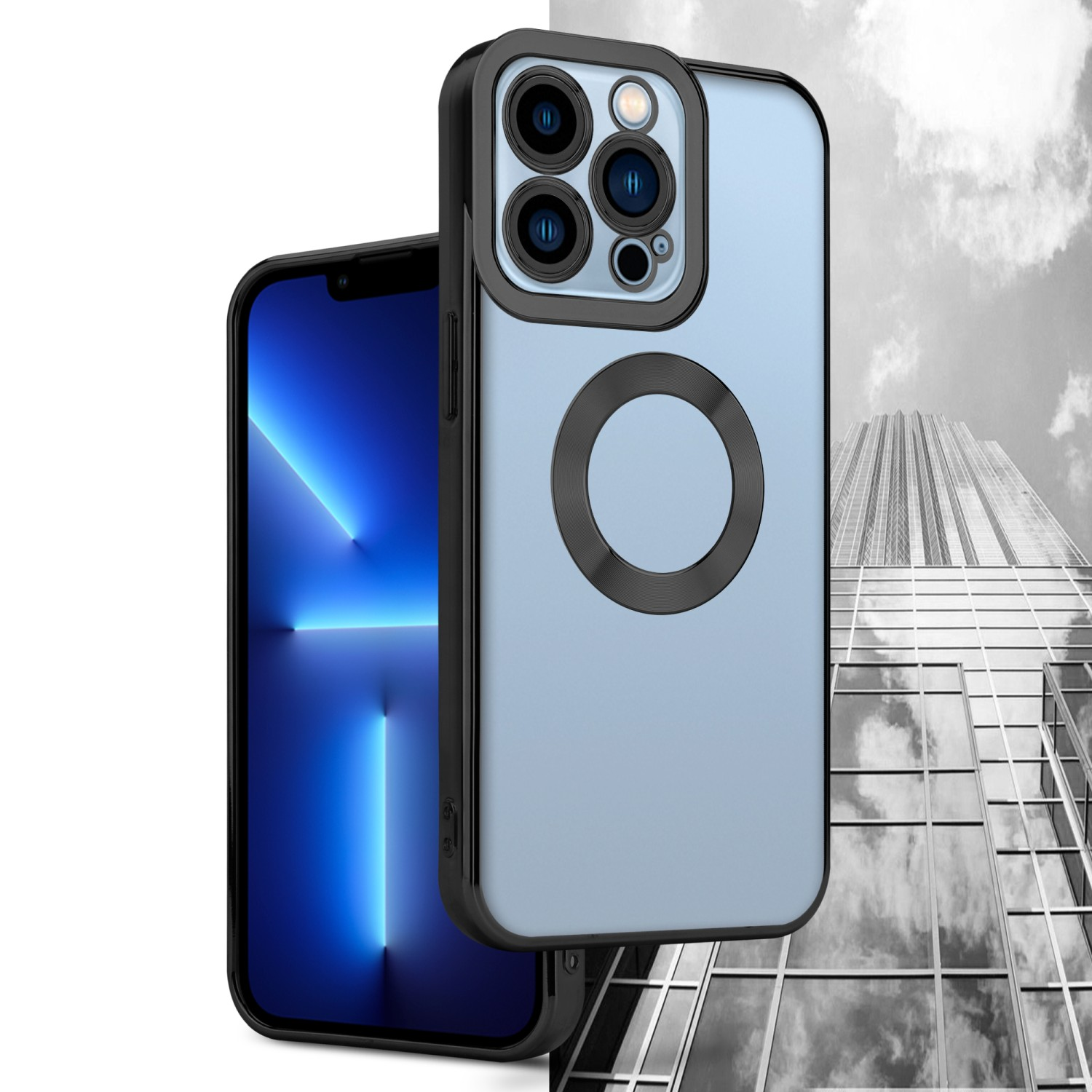 Smartphone-Hülle, schwarzer Rahmen mit Telefon. Hintergrund zeigt Gebäude und Himmel.