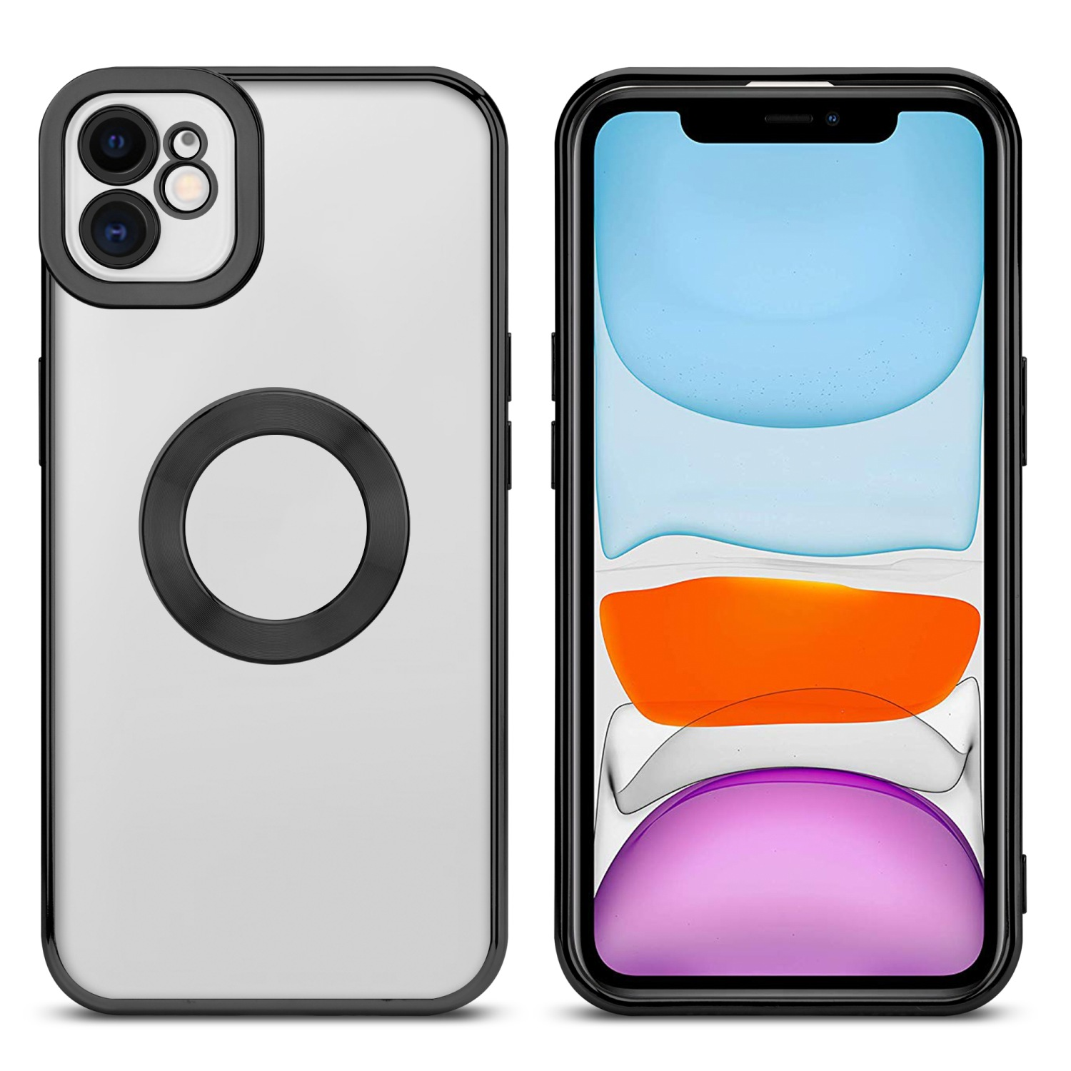 Telefonhüllen, eine auf einem Telefon, die andere leer, mit schwarzem Rand und rundem Design.
