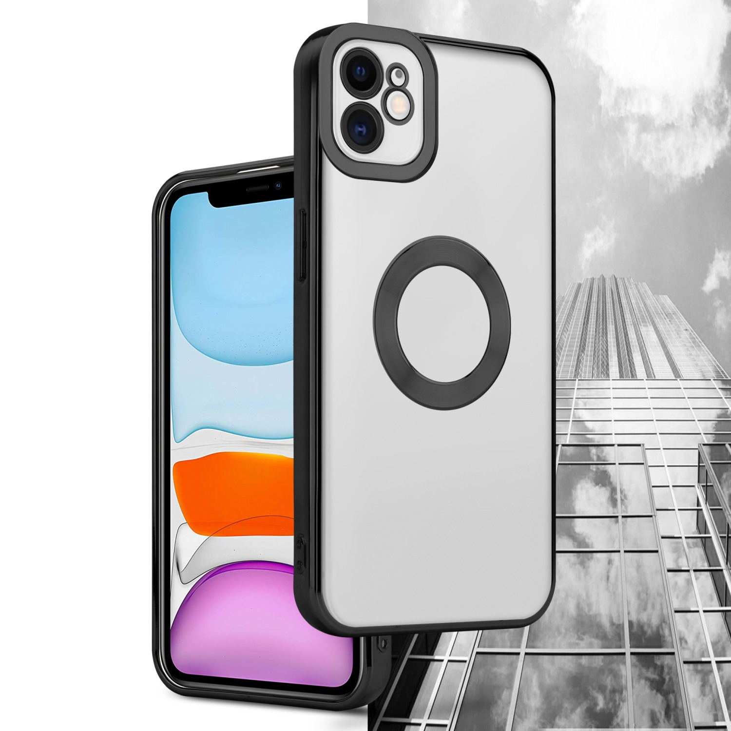 Telefon mit Hülle. iPhone links, transparente Hülle rechts mit schwarzem Ring, Wolkenkratzerhintergrund.