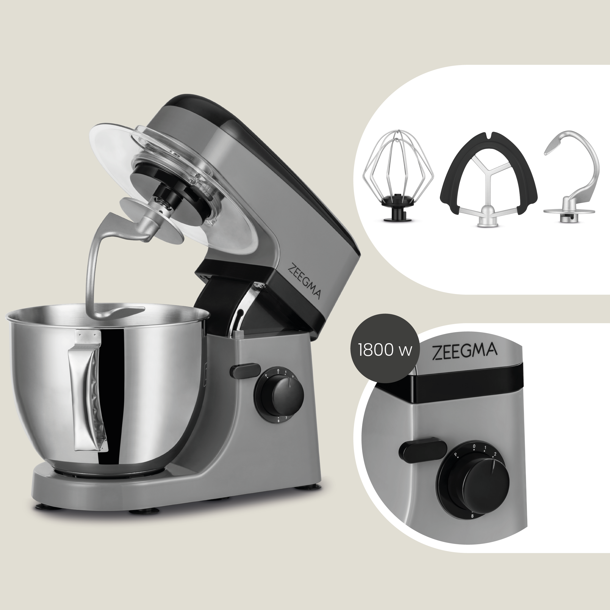 Szara mikser stojący z przystawkami i zbliżeniem elementów sterujących. Pokazuje logo Zeegma.