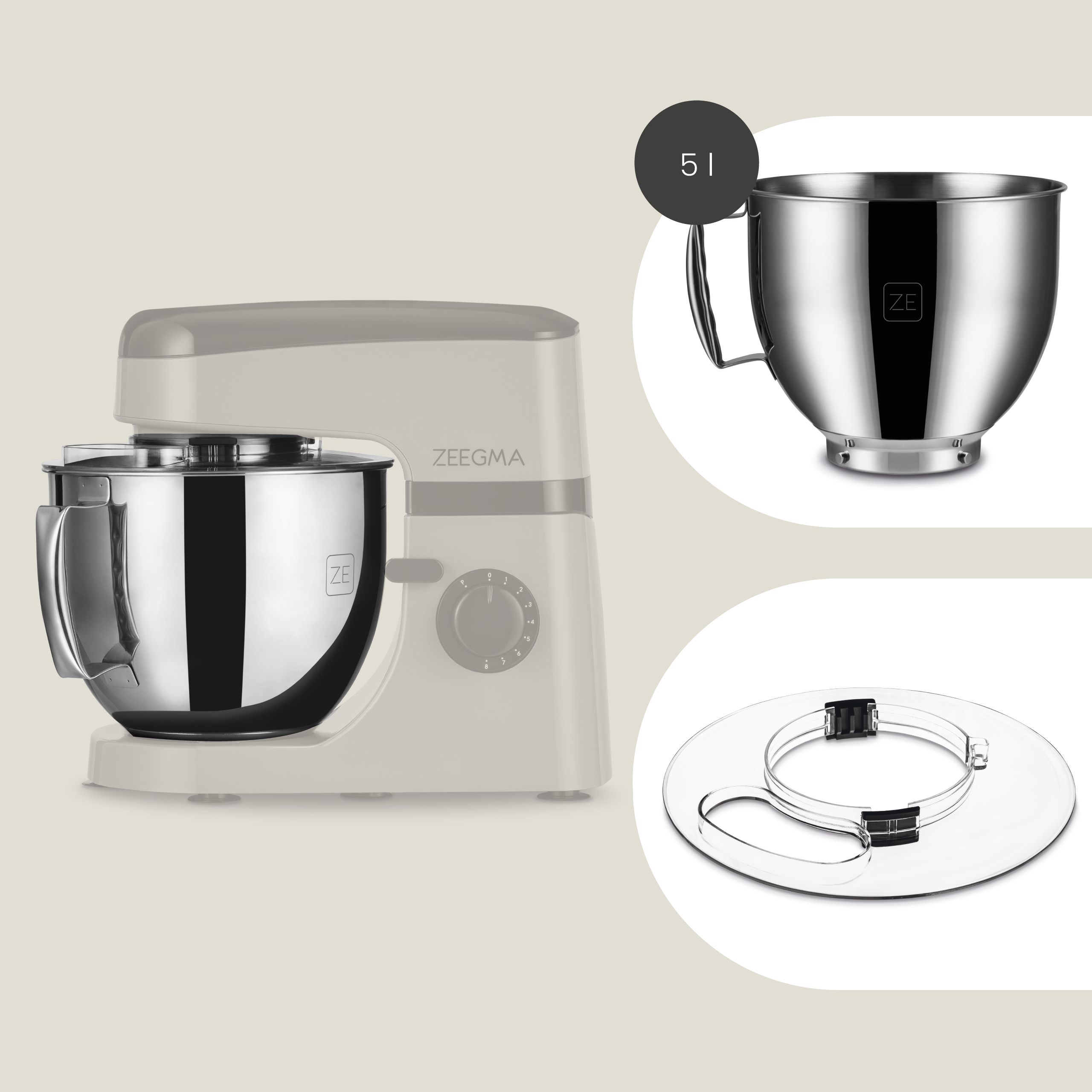 Mikser kuchenny z misą i akcesoriami. Misa i akcesoria po prawej.