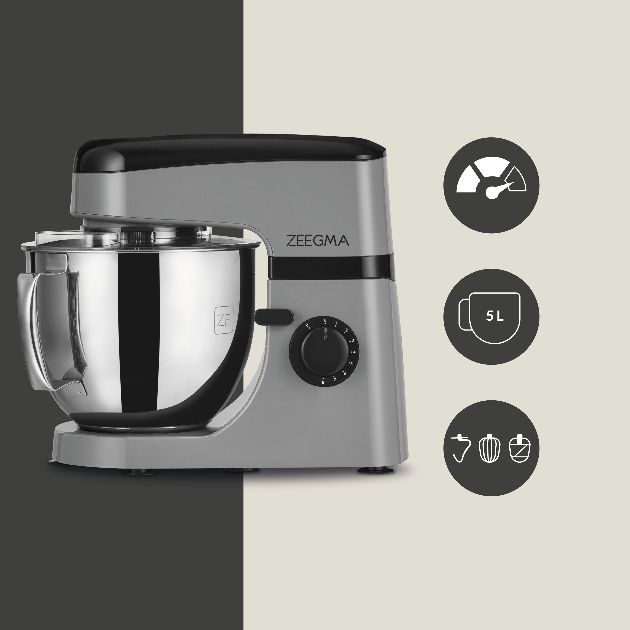 Szara mikser stojący ze stalową misą. Czarny pokrętło i ikony po prawej stronie.