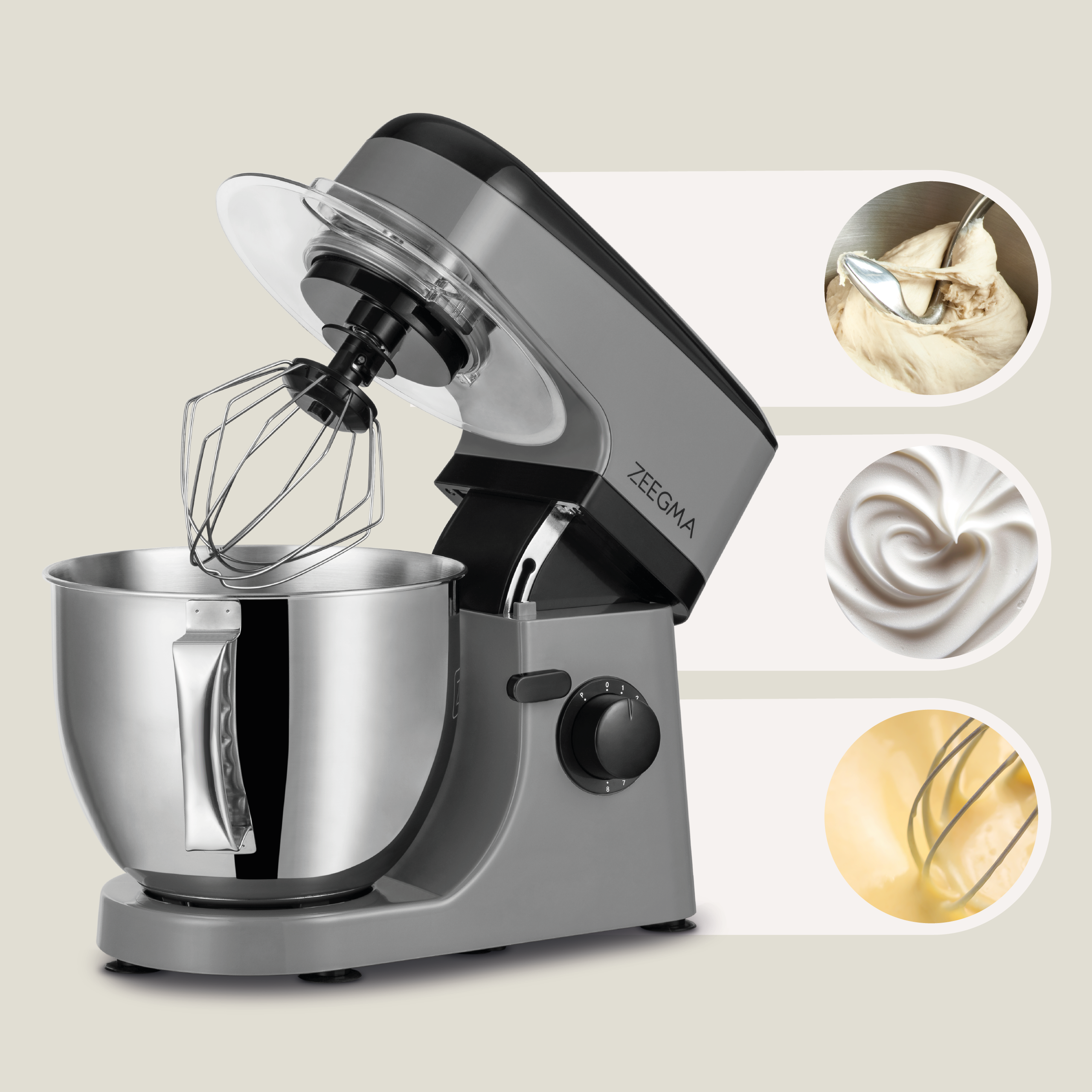 Szara mikser stojący z przystawkami i zbliżeniami składników, takich jak ciasto i śmietana.