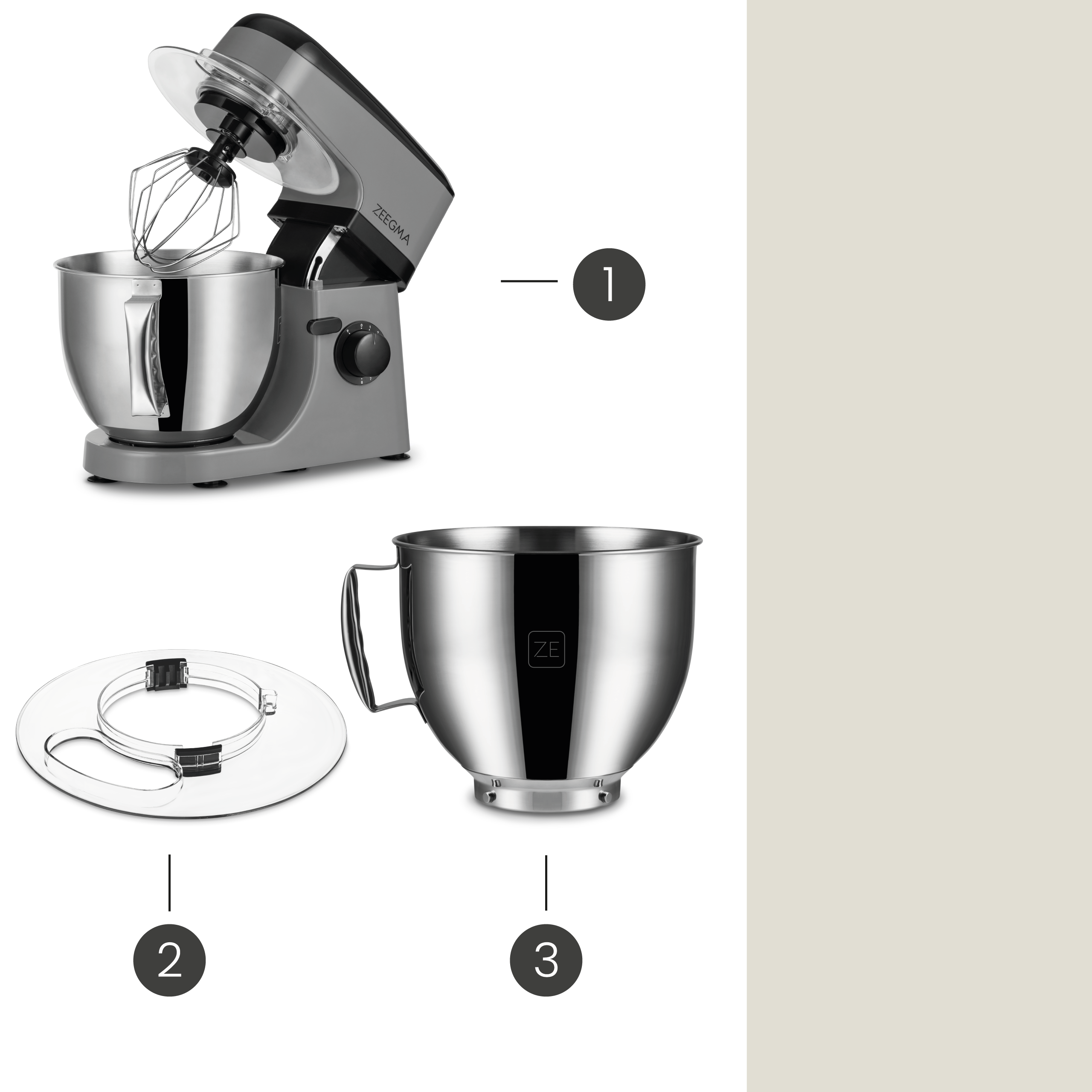 Ein grauer Küchenmixer mit Zubehör. Der Mixer hat eine Schüssel und Aufsätze. Nummerierte Diagramme zeigen Teile.