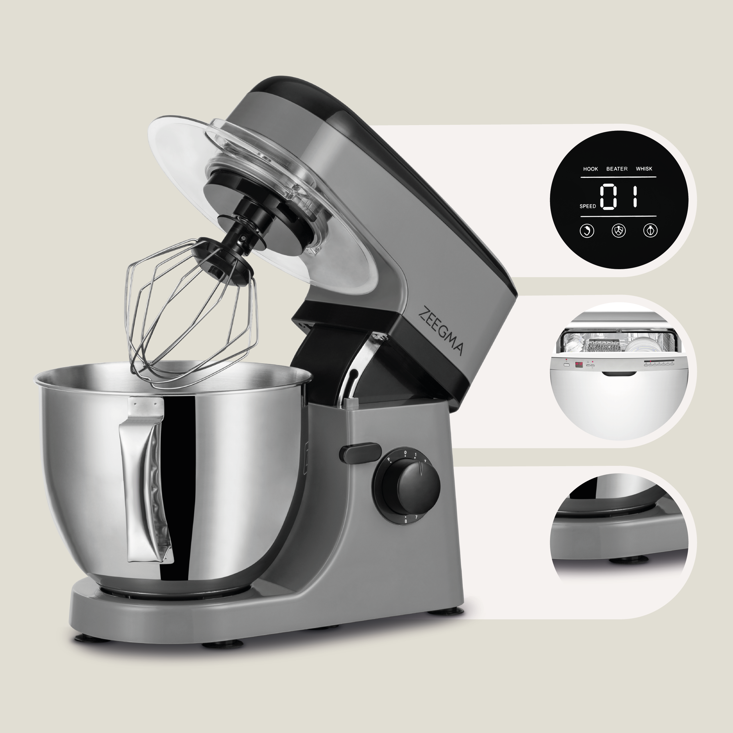 Szara mikser stacjonarny z akcesoriami. Wyświetlacz cyfrowy i szczegóły komponentów.