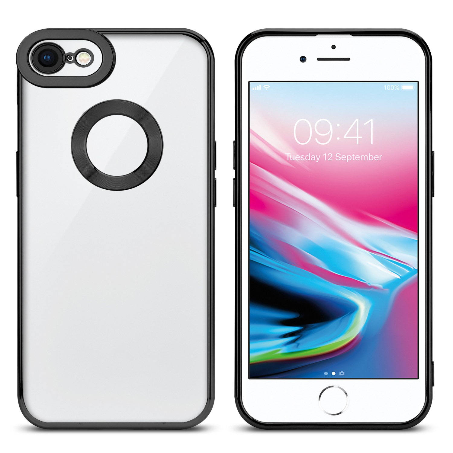 Telefon mit klarer Hülle, zeigt weißen Bildschirm mit pink-blauem Hintergrund.