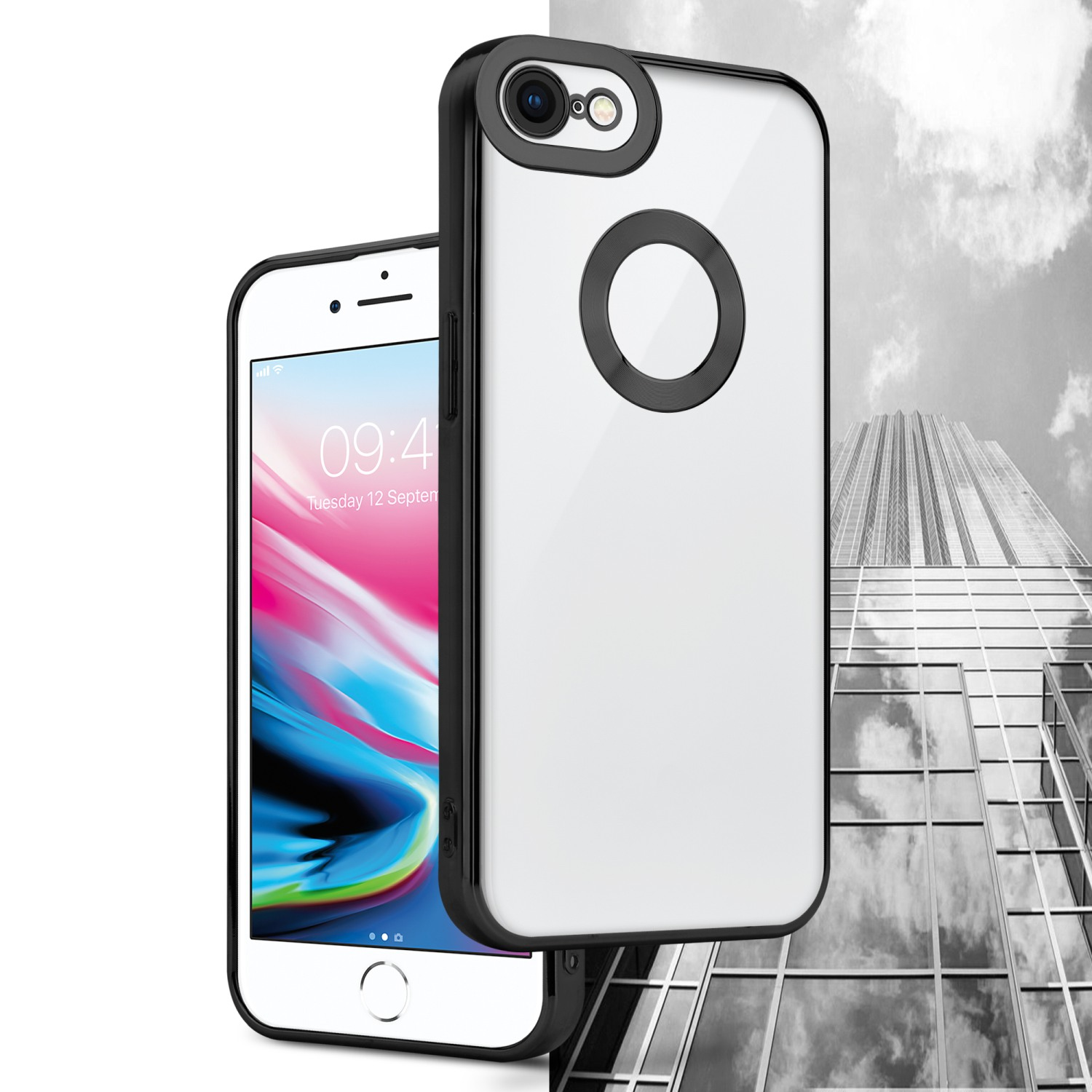 iPhone mit durchsichtigem Case und hohem Gebäude im Hintergrund. Das andere iPhone hat das Case.